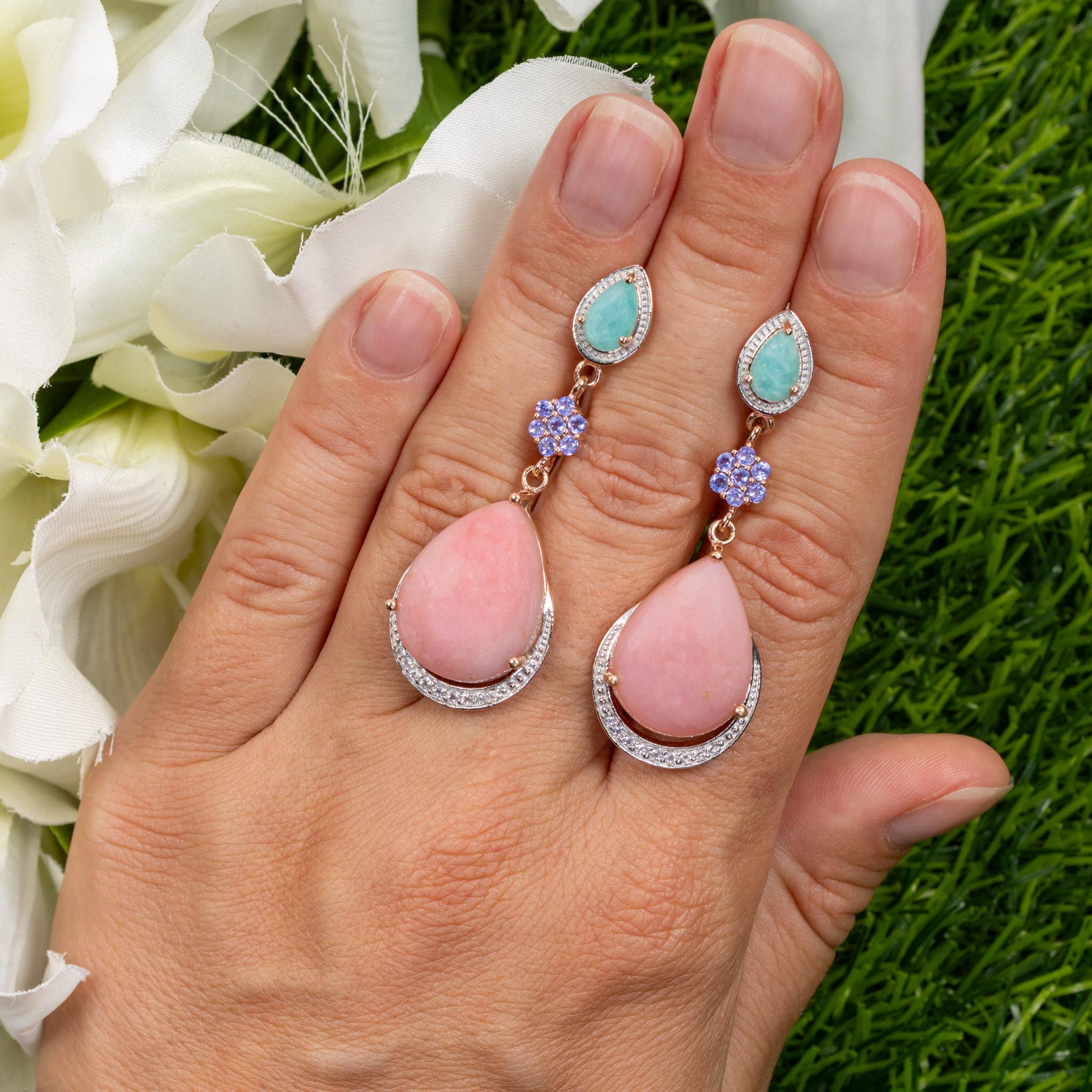 Contemporaneo Orecchini pendenti di opale rosa Amazzonite Tanzanite Argento placcato oro rosa 18 carati in vendita