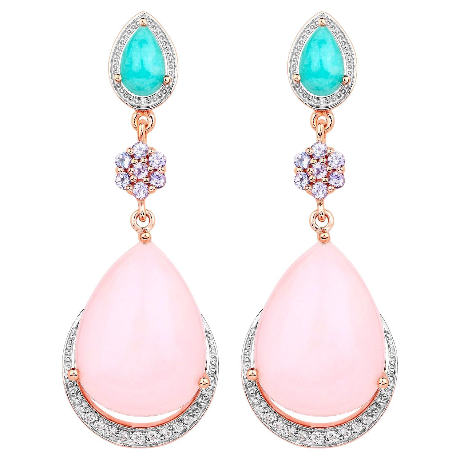 Pink Opal Dangle Earrings Amazonite Tanzanite 18K Rose Gold Plated Silver For Sale