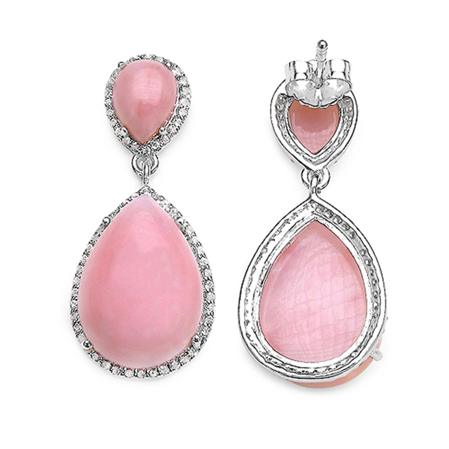 Taille cabochon Pendants d'oreilles en argent plaqué rhodium, opale rose et topaze blanche 24 carats en vente