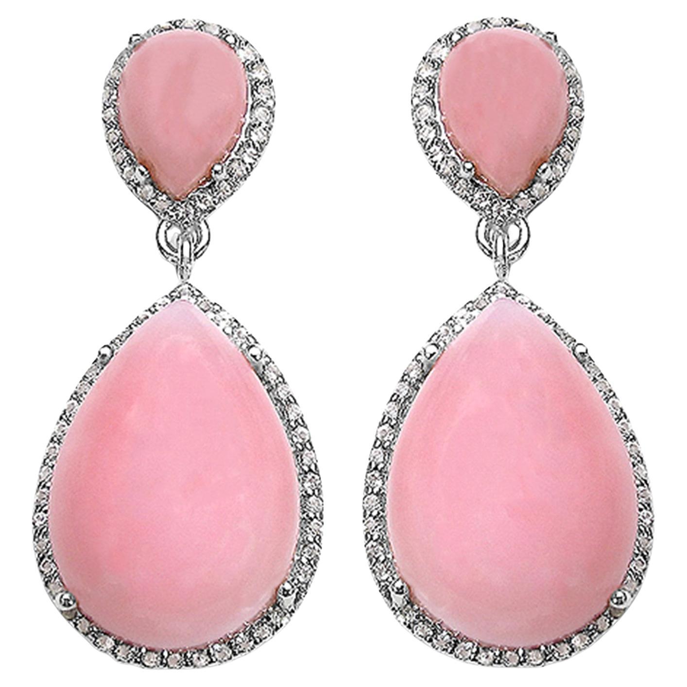 Pendants d'oreilles en argent plaqué rhodium, opale rose et topaze blanche 24 carats