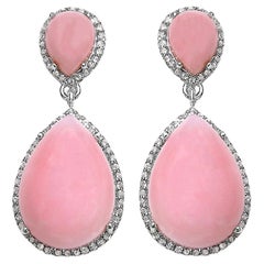 Pink Opal Dangle Earrings White Topaz 24 Carats Rhodium Plated Silver