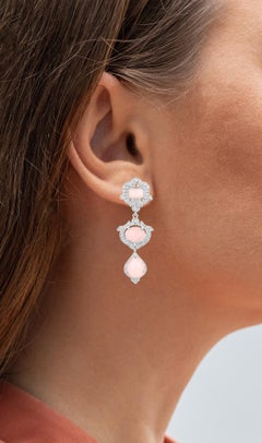 Pink Opal Dangle Earrings White Topaz 6.9 Carats Silver