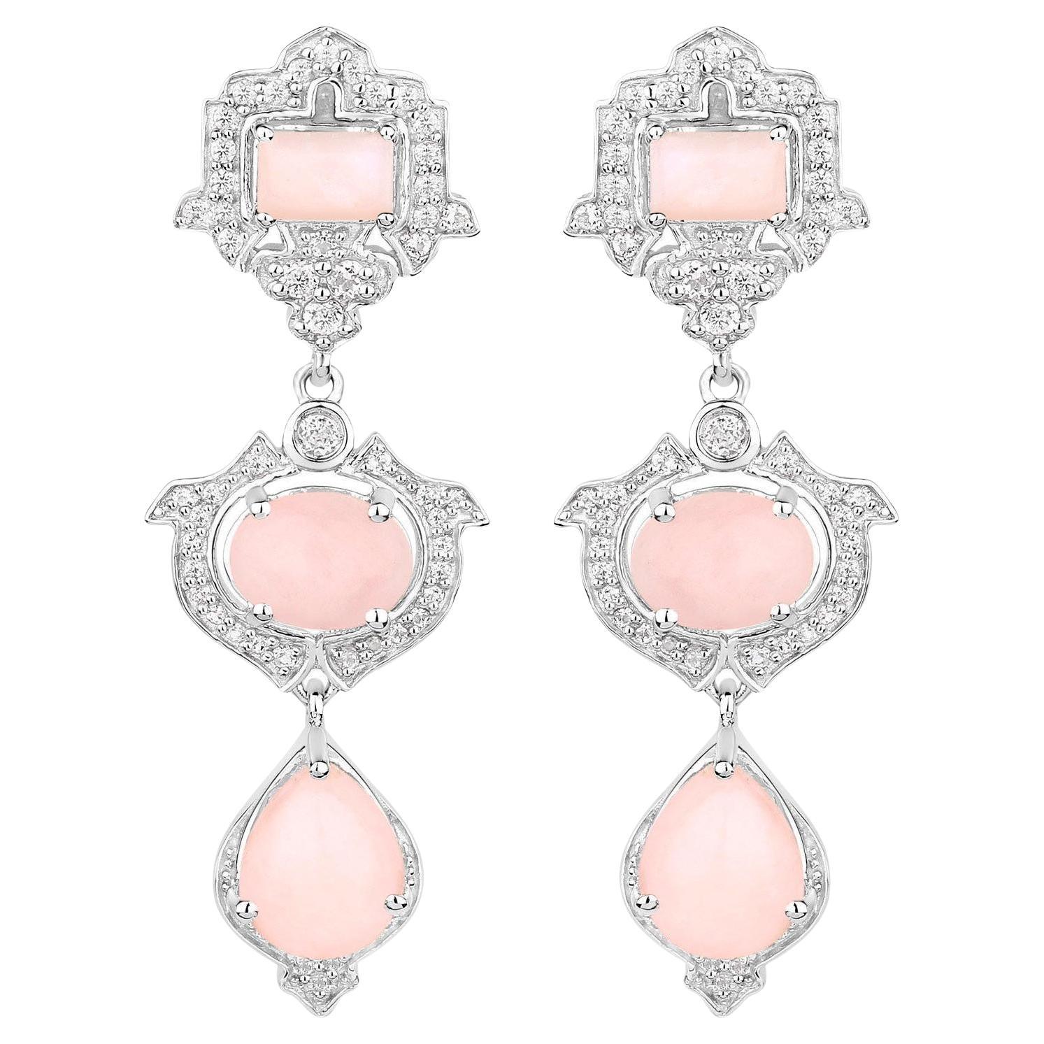 Pink Opal Dangle Earrings White Topaz 6.9 Carats Silver