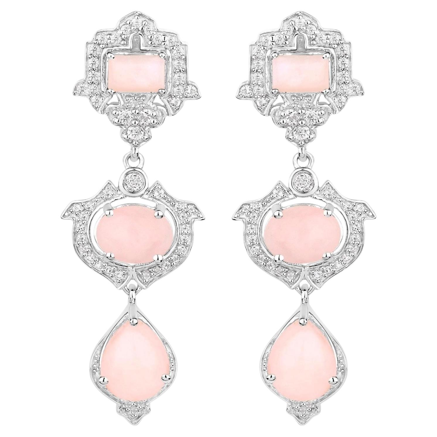 Pink Opal Dangle Earrings White Topaz 6.9 Carats Silver