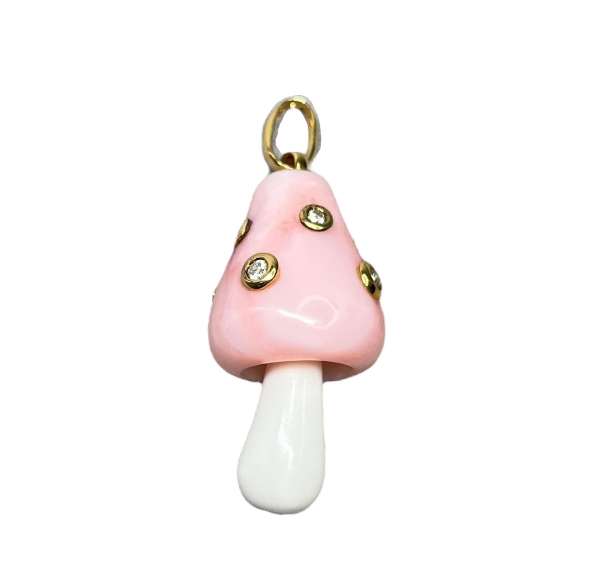 Pink Opal Diamond Mushroom Charm Pendent. For centuries the powerful medicinal properties of mushrooms have been used to rejuvenate the body and mind. This mushroom charm pendant is crafted from carved pink opal and white agate gemstones with 18k