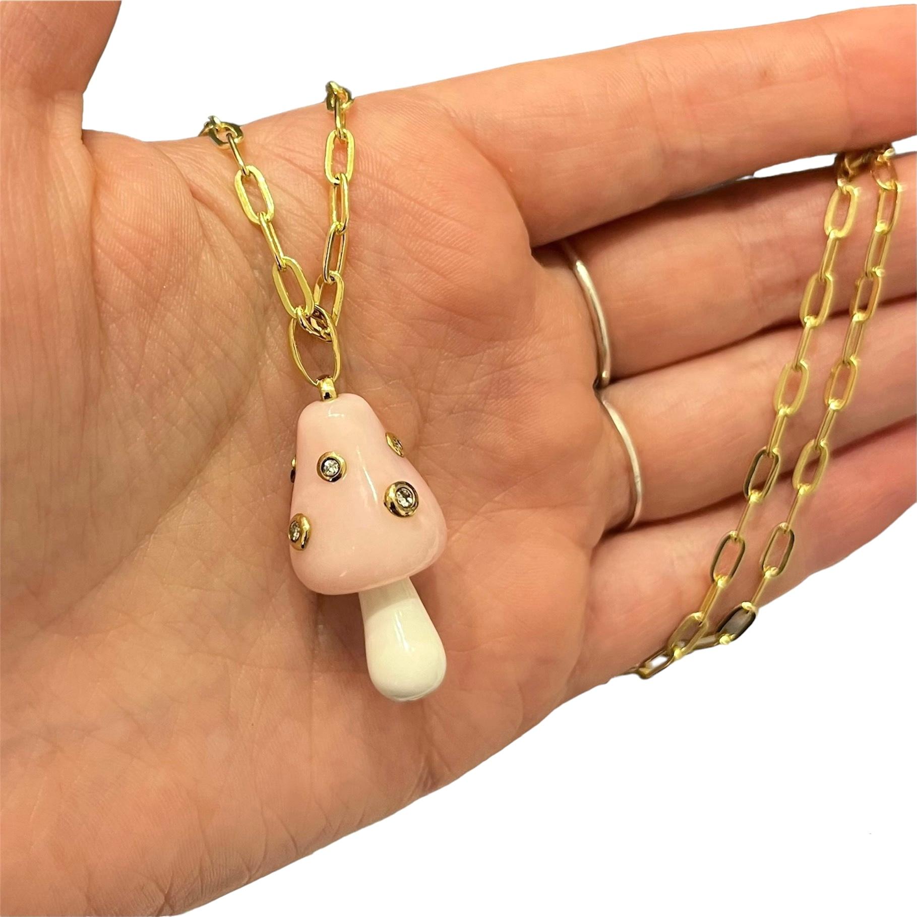 Pink Opal Diamond 18k Rose gold Mushroom Charm Pendent In New Condition For Sale In Rhinebeck, NY