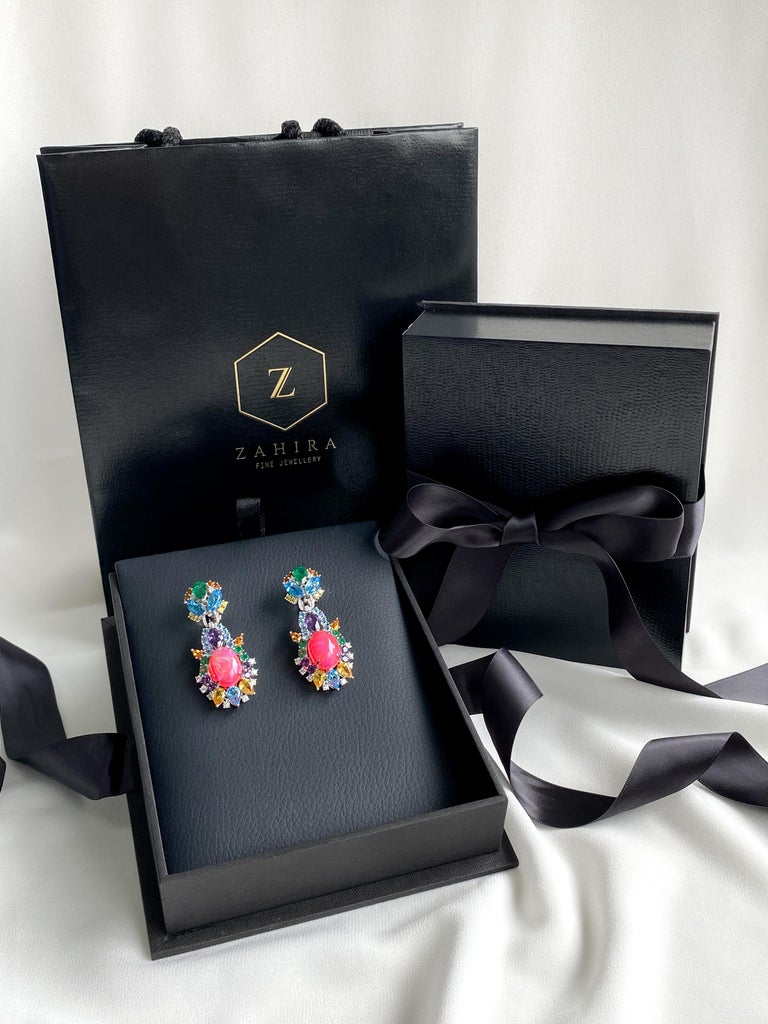 Women's Pink Opal, Diamond, Emerald, Sapphire, Topaz and Citrine Starburst Earrings