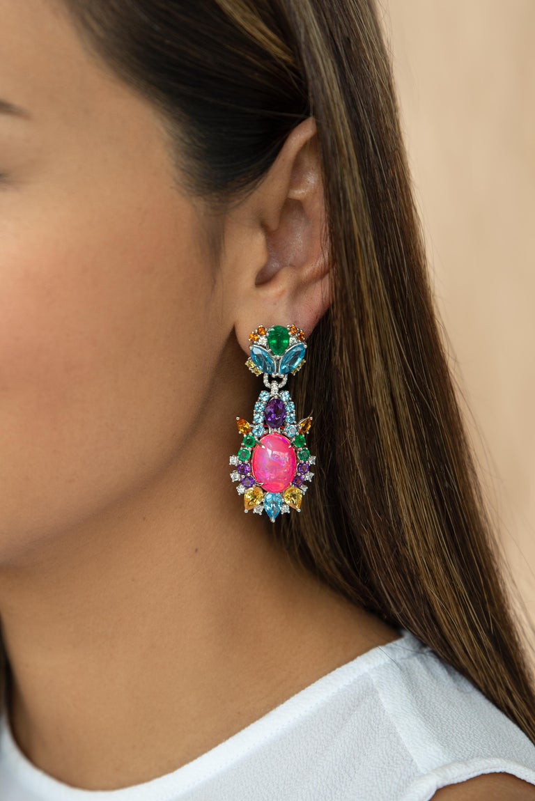 Modern Pink Opal, Diamond, Emerald, Sapphire, Topaz and Citrine Starburst Earrings