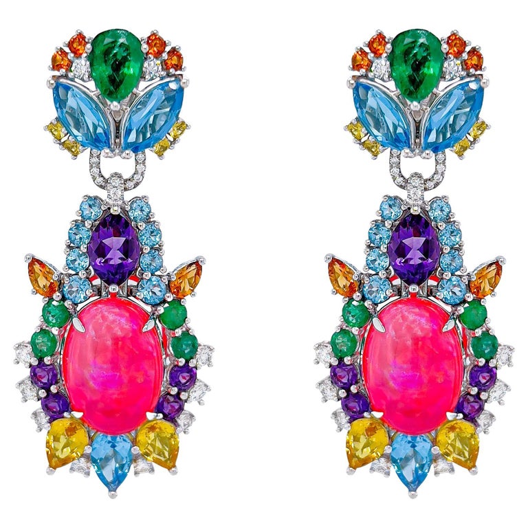 Pink Opal, Diamond, Emerald, Sapphire, Topaz and Citrine Starburst Earrings