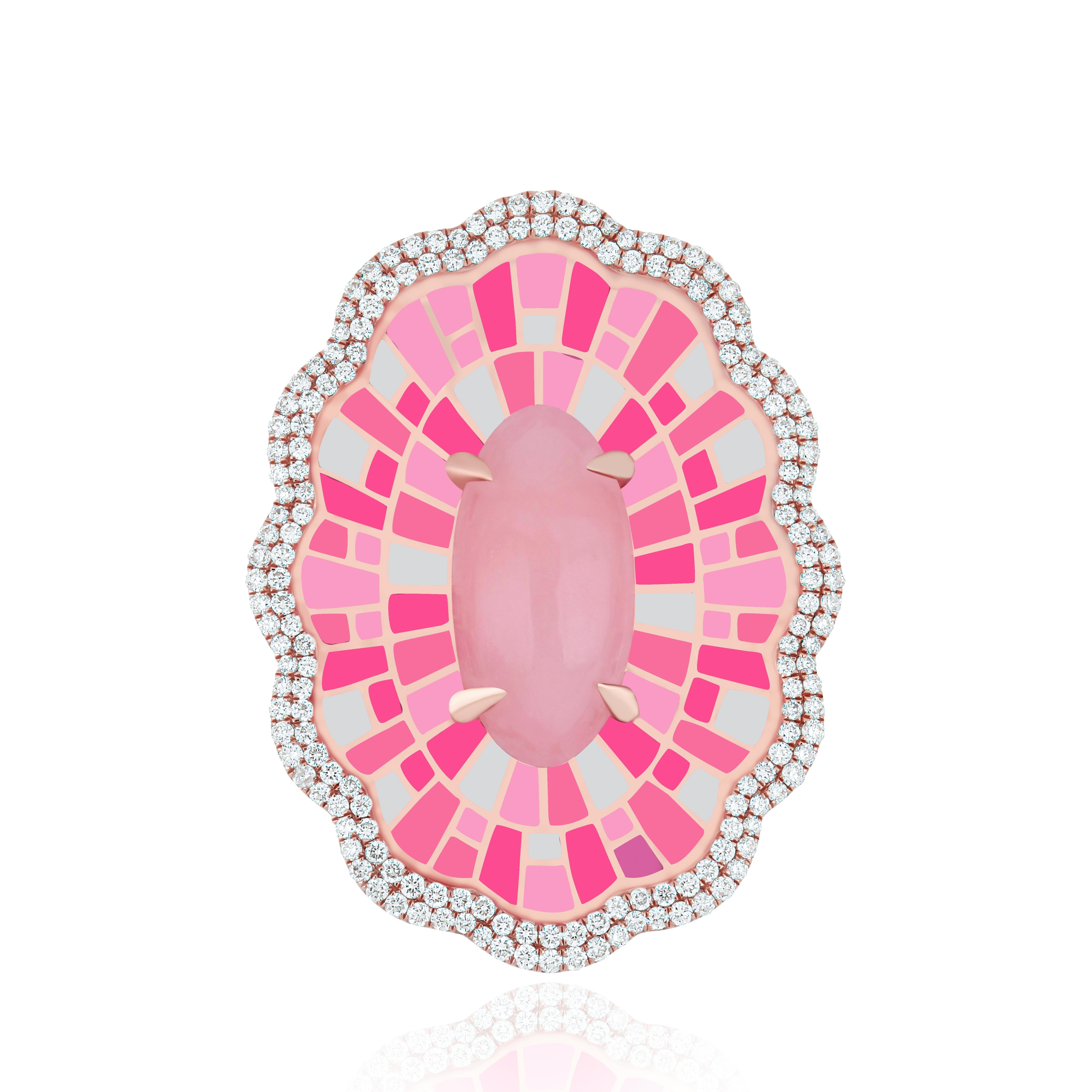 For Sale:  Pink Opal & Diamond Enamel Ring in 14k Rose Gold Handmade Ring  5