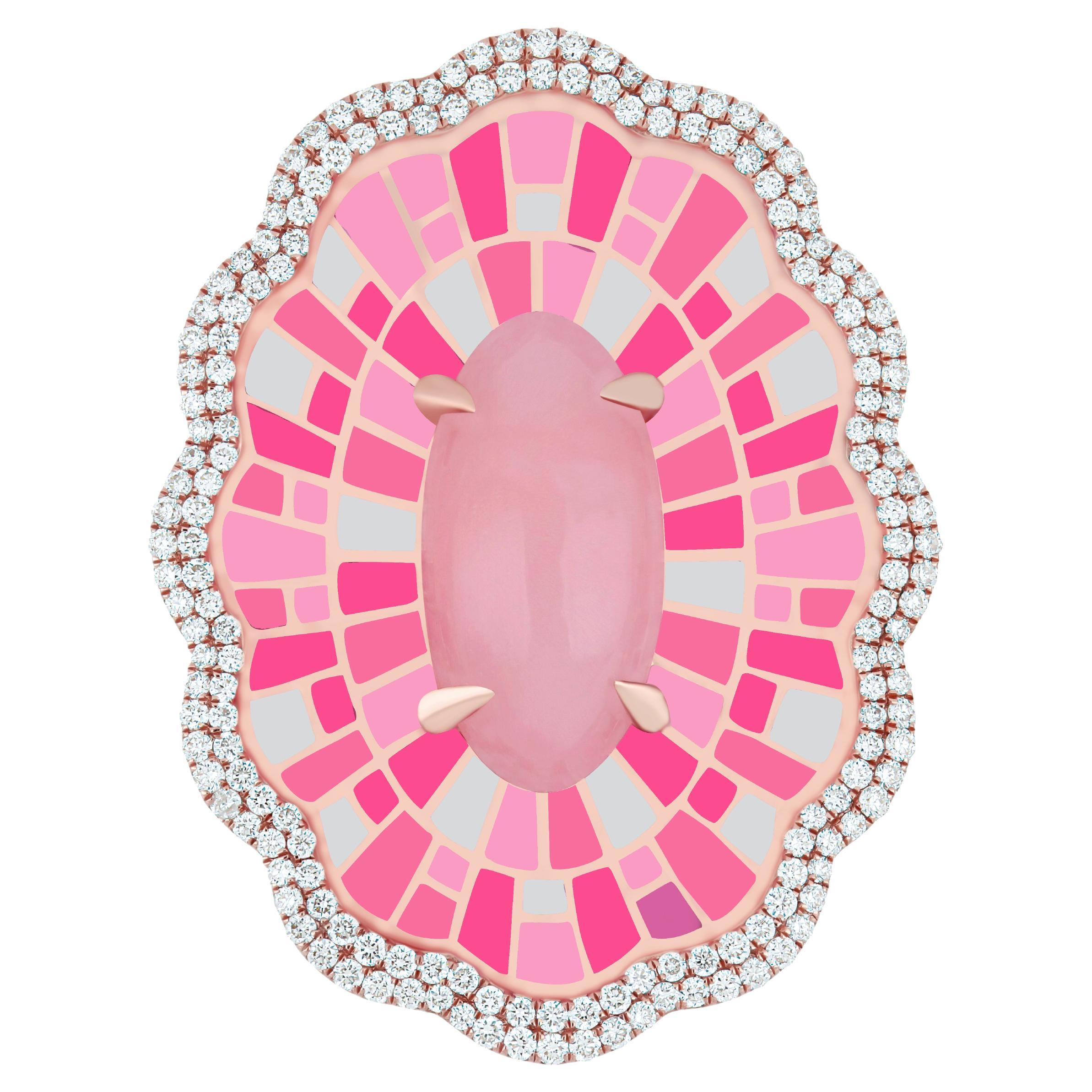 Handgefertigter Ring aus 14 Karat Roségold mit rosa Opal und Diamant-Emaille 