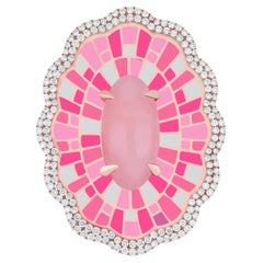 Pink Opal & Diamond Enamel Ring in 14k Rose Gold Handmade Ring 