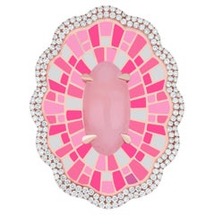 Handgefertigter Ring aus 14 Karat Roségold mit rosa Opal und Diamant-Emaille