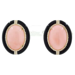 Pink Opal Diamond Onyx Earrings in 14 Karat Yellow Gold