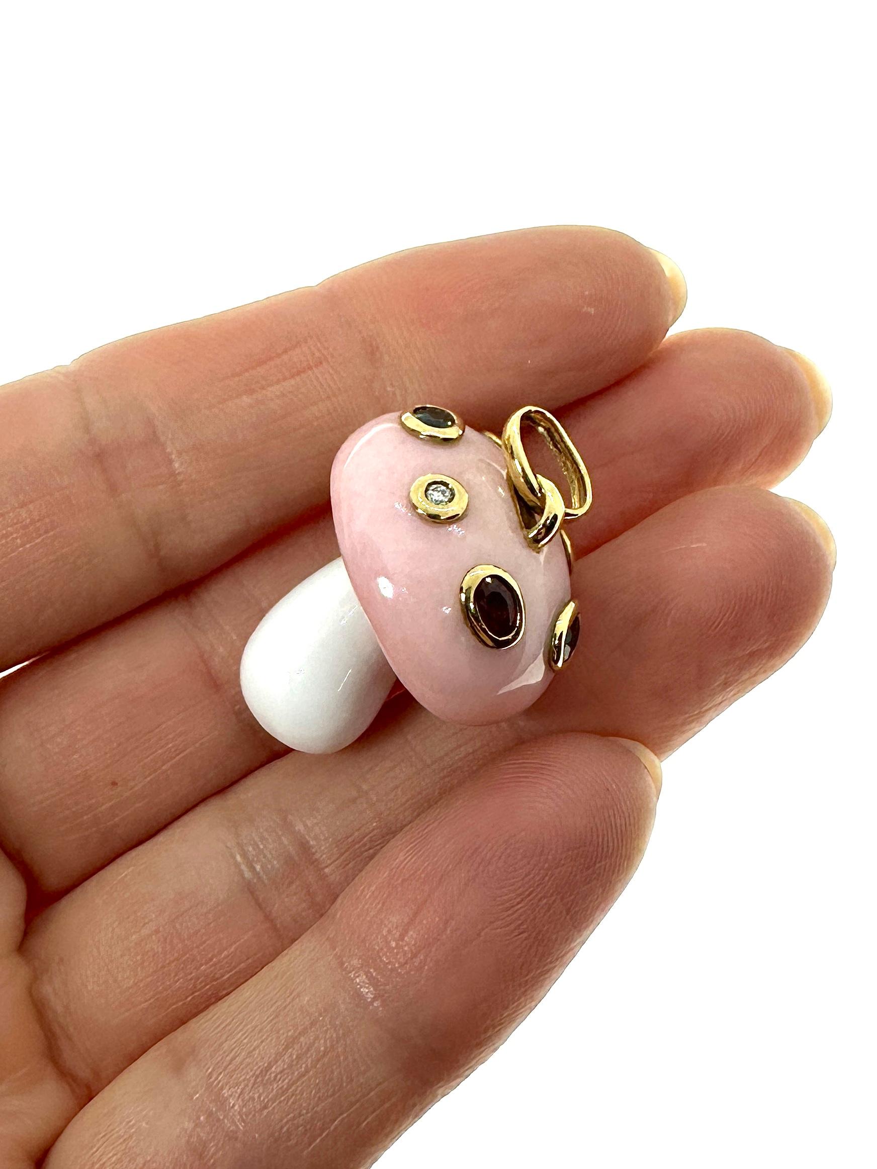 Artisan Pink Opal Diamond Sapphire Ruby 18K Gold Mushroom Charm Pendant Necklace