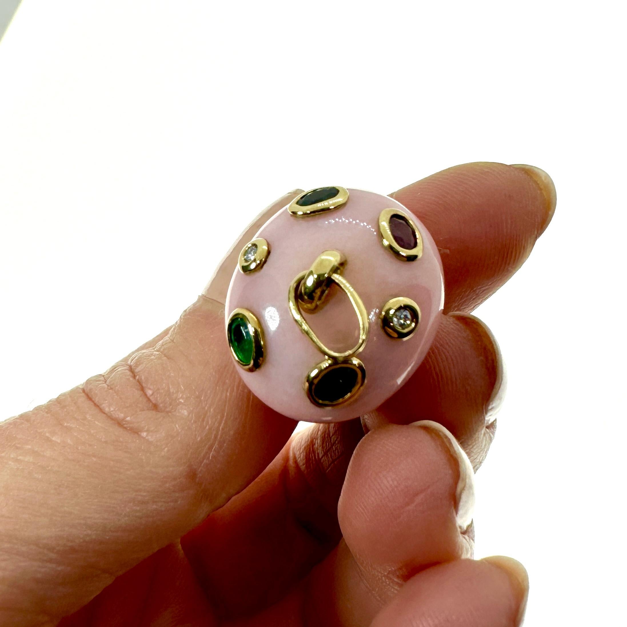 Oval Cut Pink Opal Diamond Sapphire Ruby 18K Gold Mushroom Charm Pendant Necklace