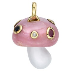 Pink Opal Diamond Sapphire Ruby 18K Gold Mushroom Charm Pendant Necklace