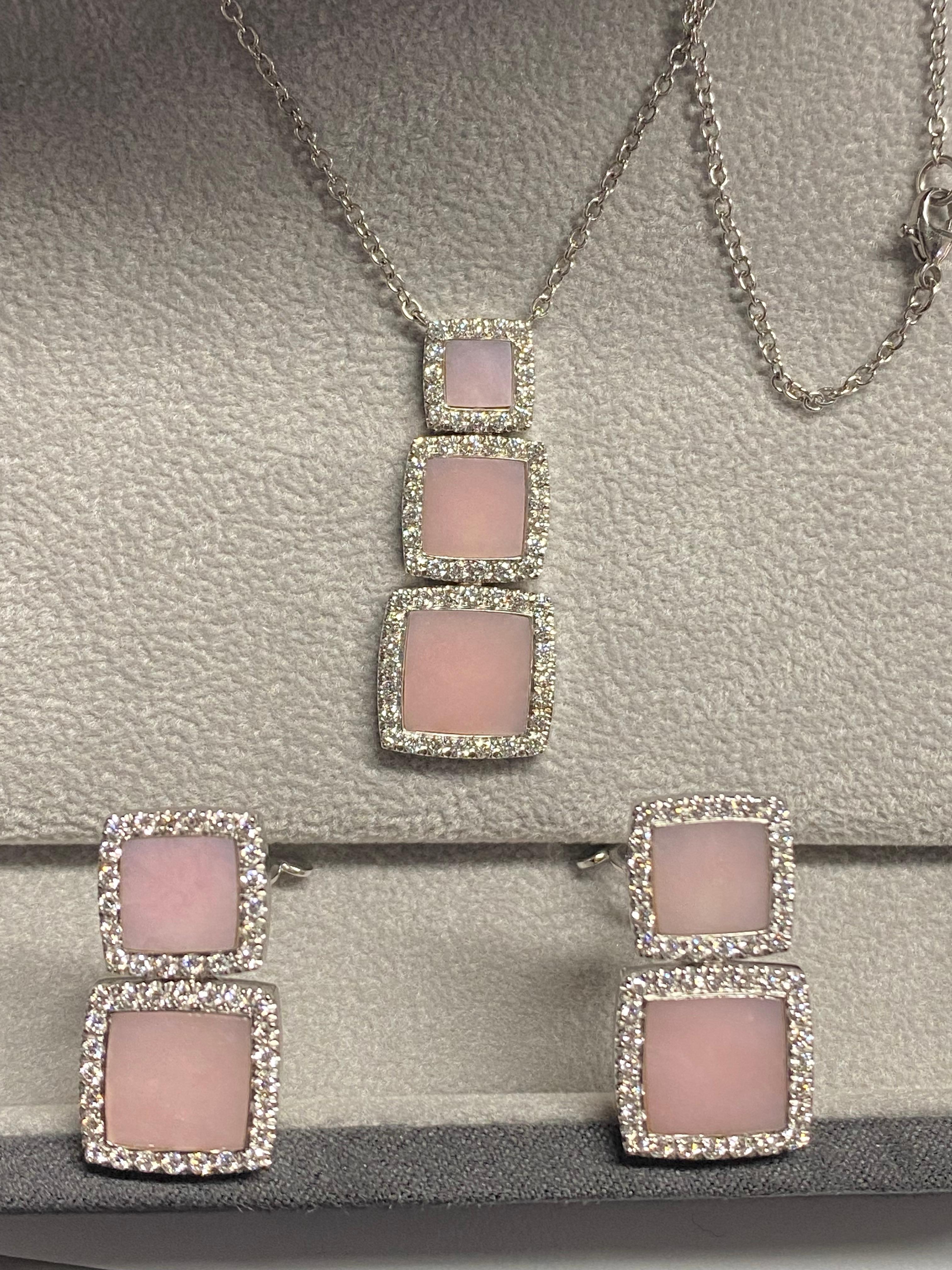 Contemporary Pink Opal  Diamonds 18 Karat White Gold Made in Italy Earrings For Sale