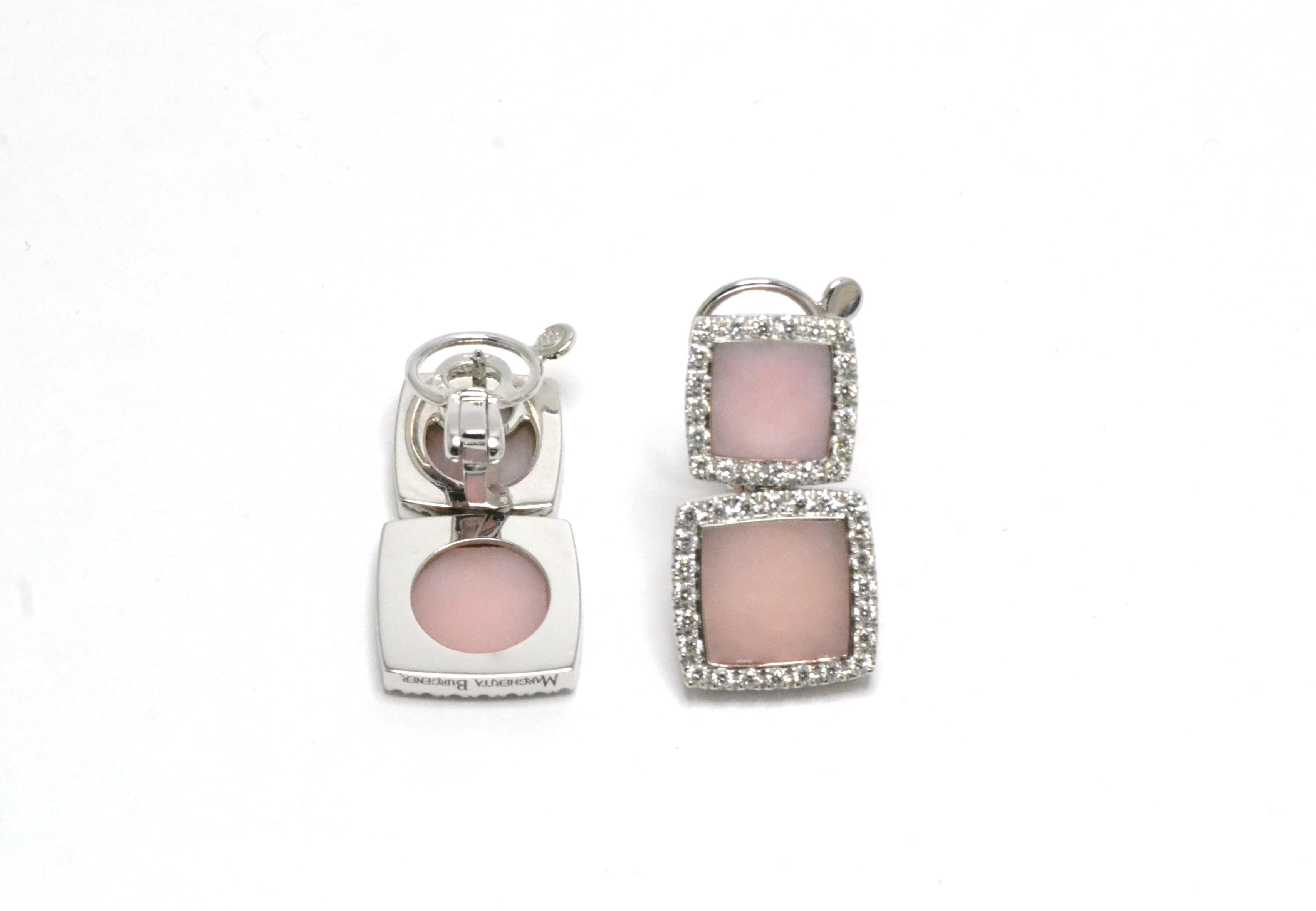 Pink Opal  Diamonds 18 Karat White Gold Made in Italy Earrings In New Condition For Sale In Valenza , IT