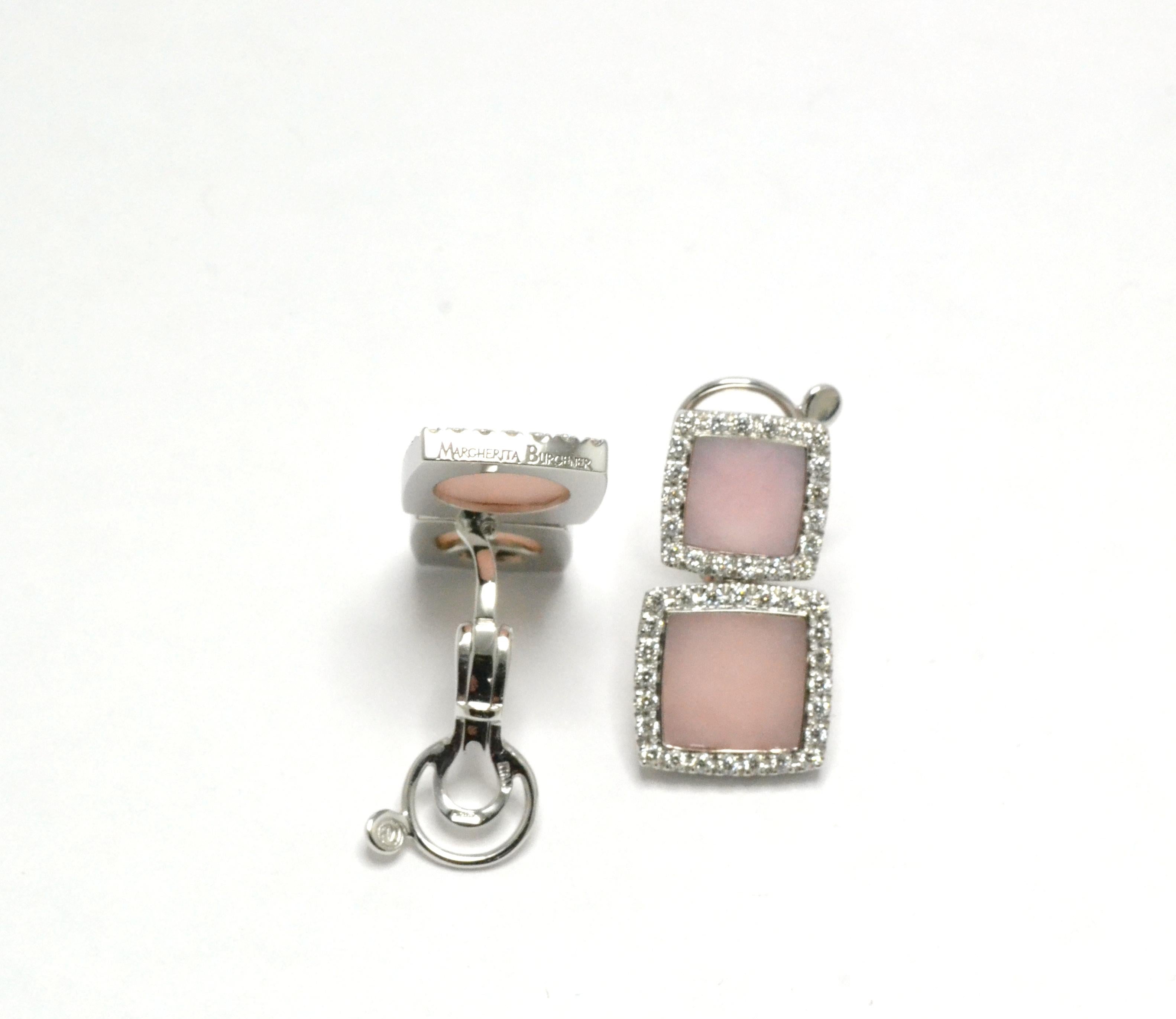 Women's Pink Opal  Diamonds 18 Karat White Gold Made in Italy Earrings For Sale