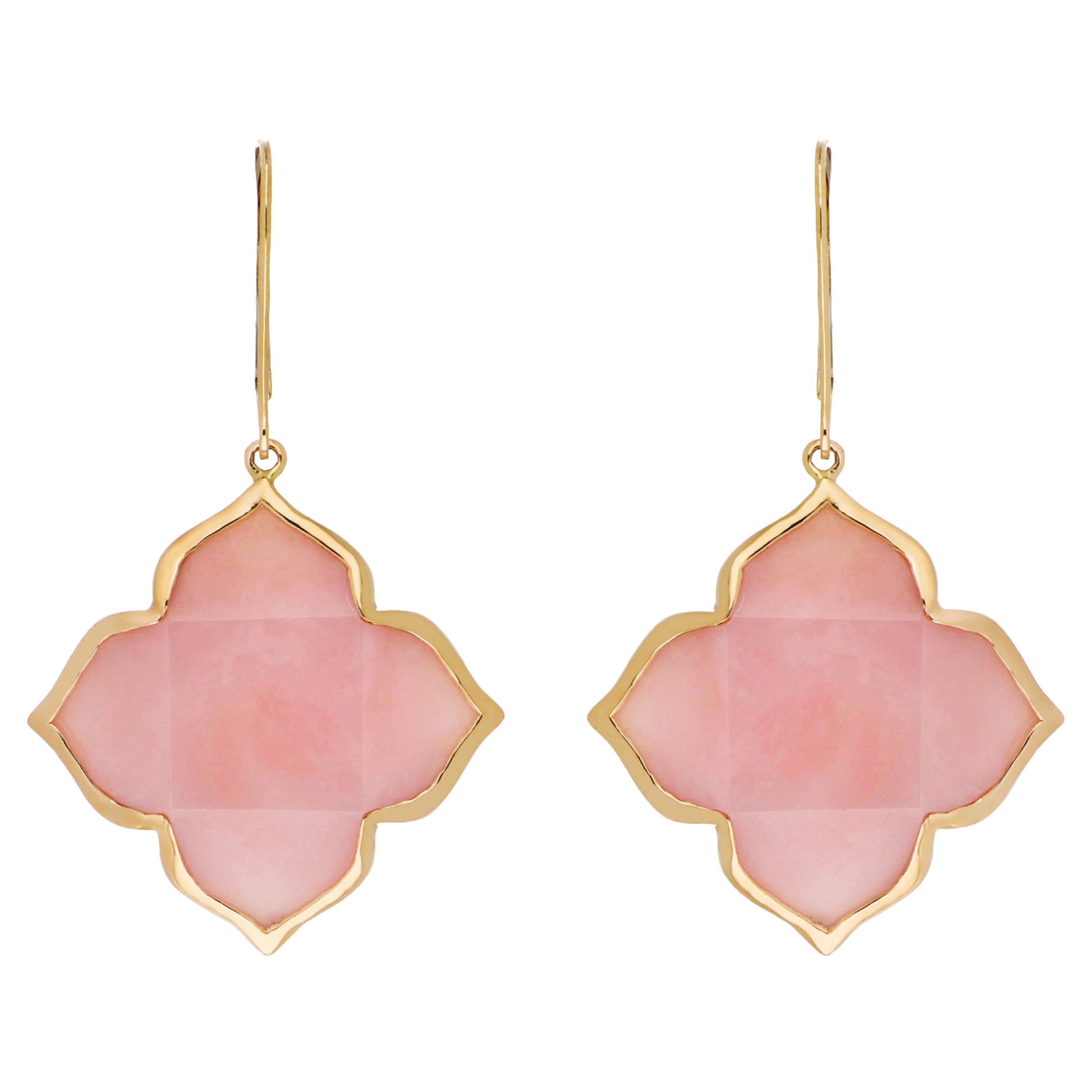 Pink Opal Earrings in 14 Karat Yellow Gold