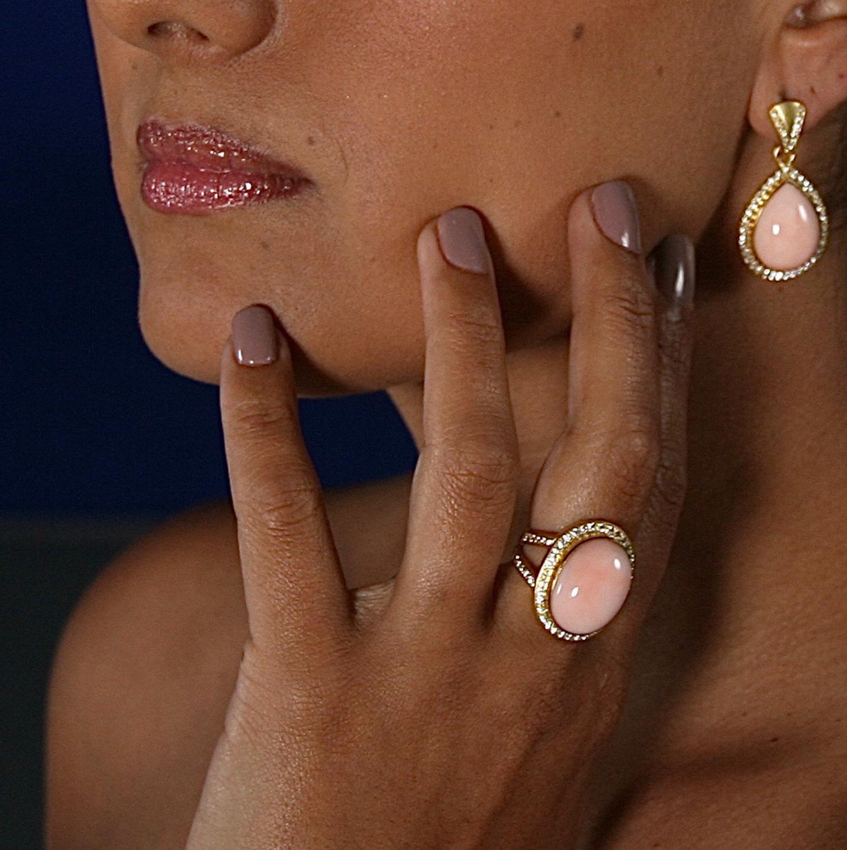 Cabochon Pink Opal Earrings w/ Diamonds Set in 18k Gold For Sale