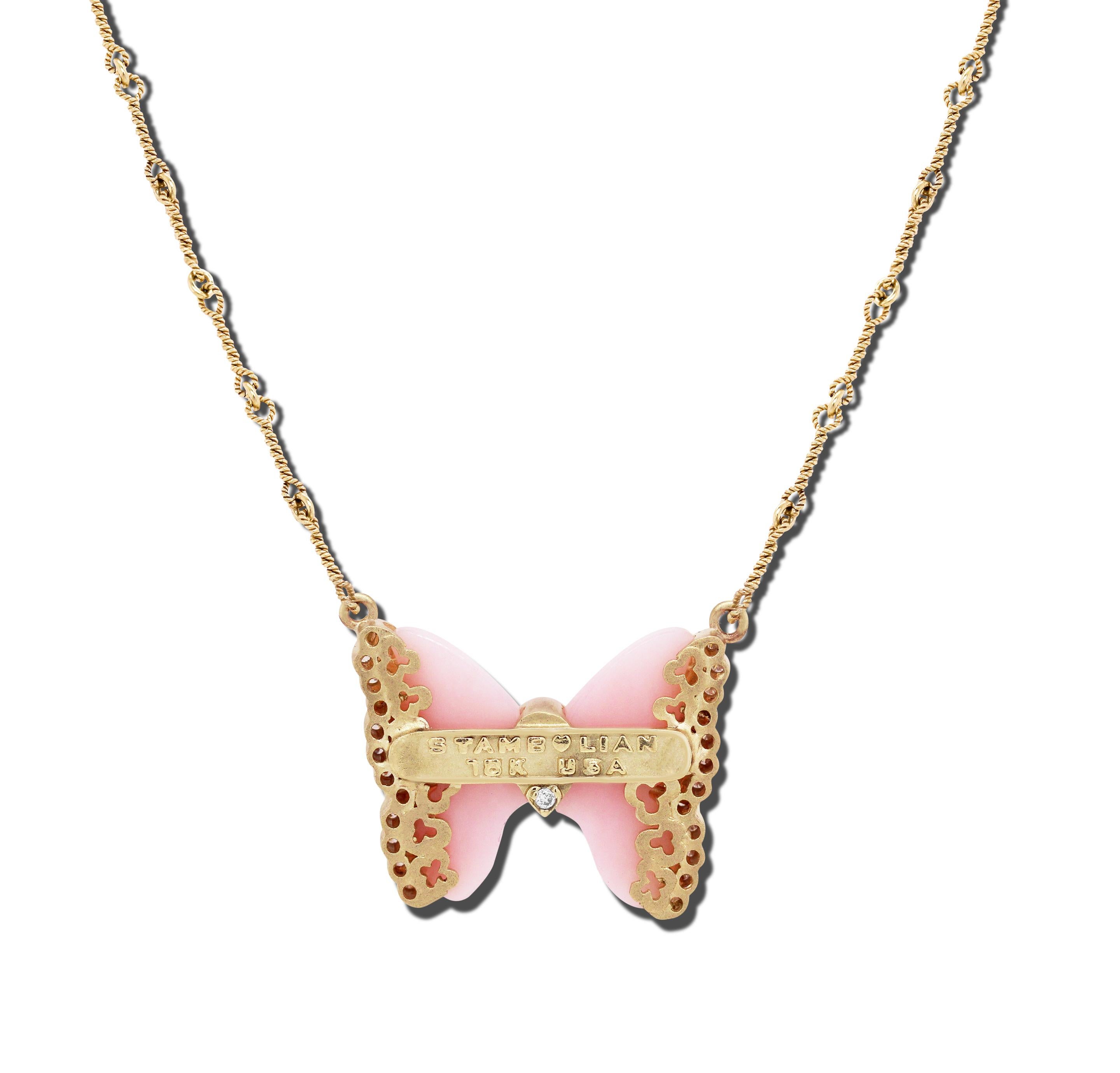 18K Yellow Gold and Diamond Butterfly Pendant Necklace with Pink Peruvian Opal and Black Enamel by Stambolian

This butterfly is from the 2020 Spring Stambolian collection and features two special cut Pink Peruvian Opal framed with white enamel and