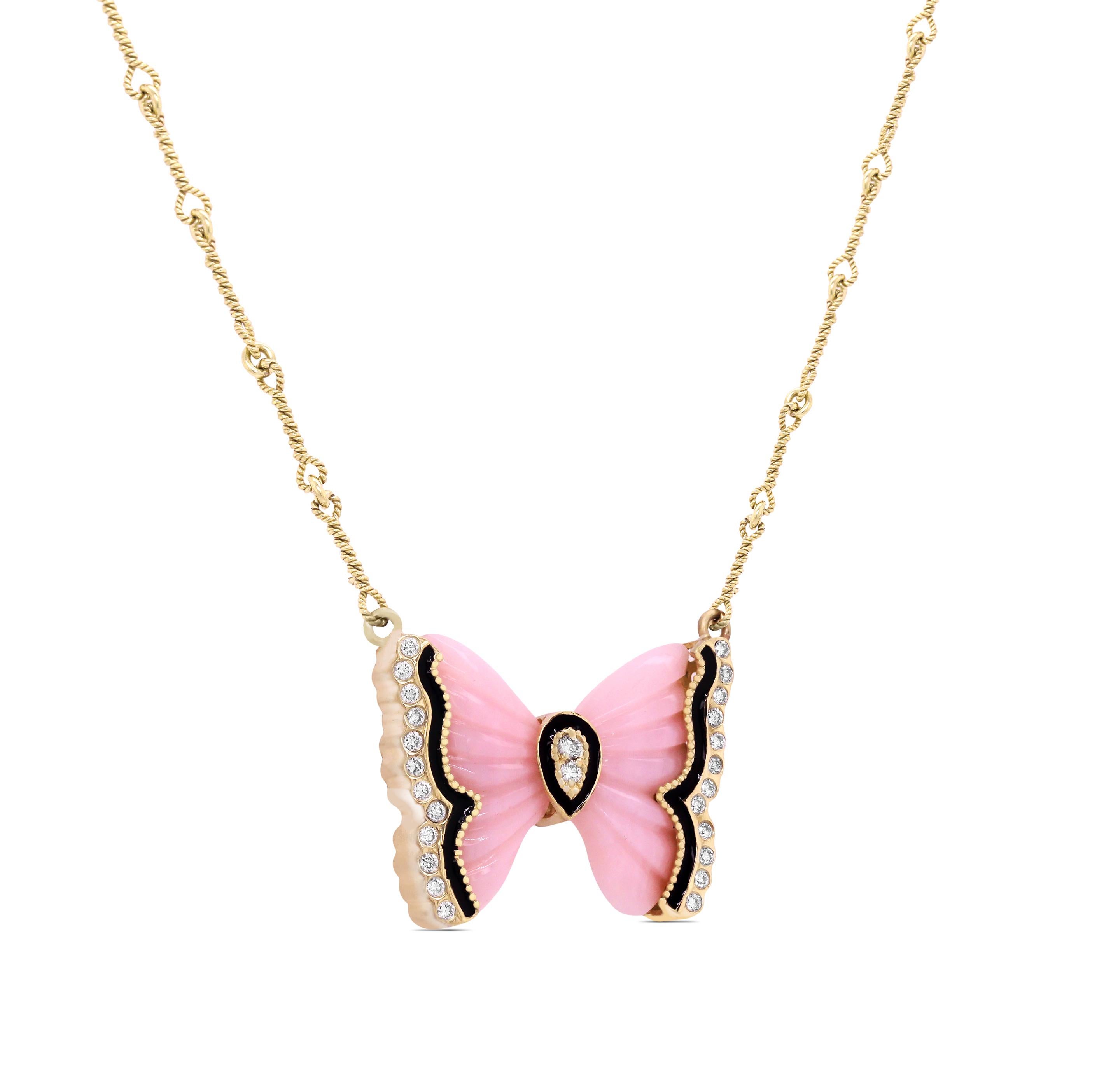 Pink Opal Gold and Diamond Butterfly Pendant Necklace Black Enamel Stambolian In New Condition In Boca Raton, FL