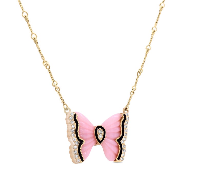 Pink Opal Gold and Diamond Butterfly Pendant Necklace Black Enamel ...