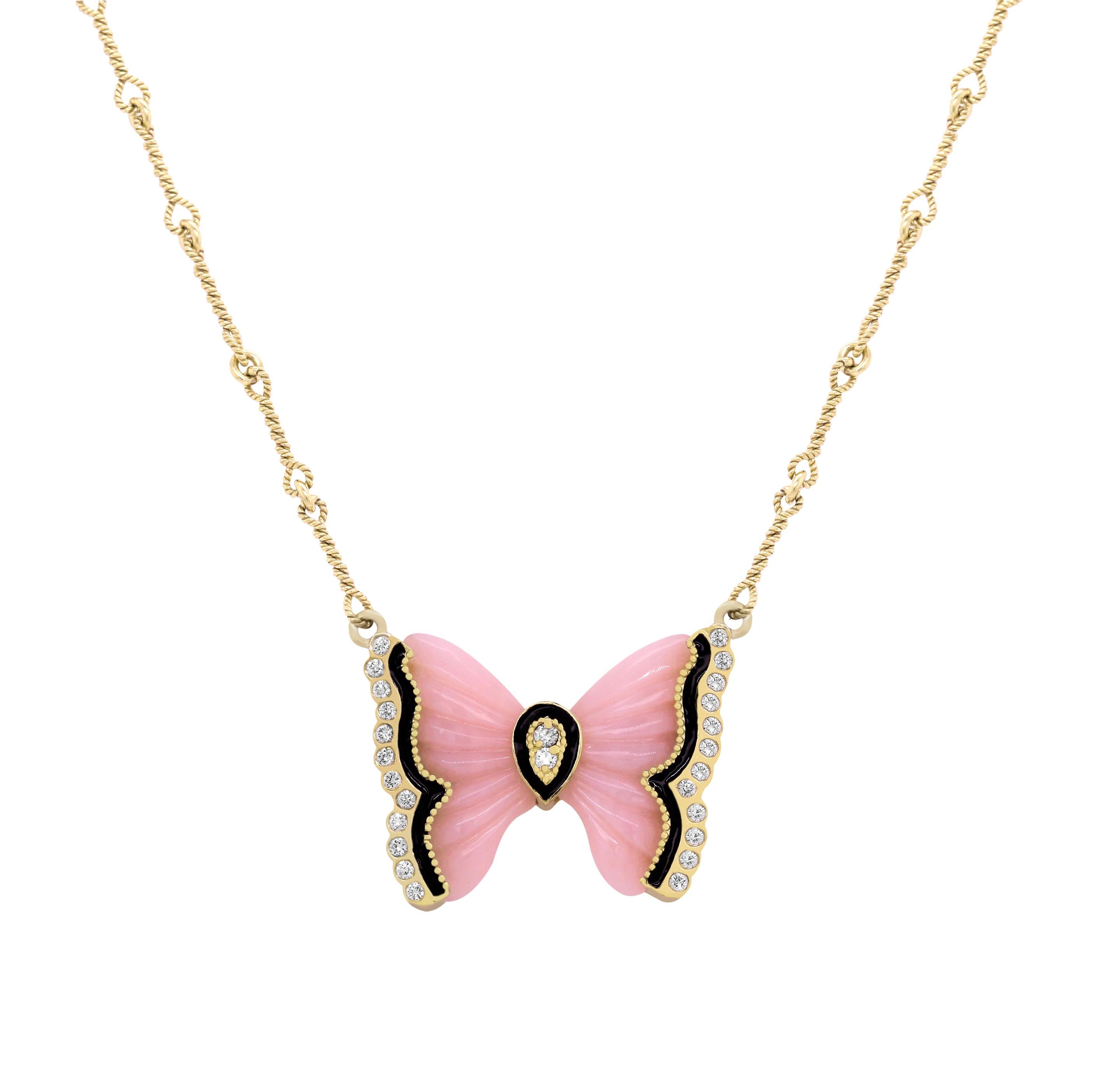 Women's Pink Opal Gold and Diamond Butterfly Pendant Necklace Black Enamel Stambolian