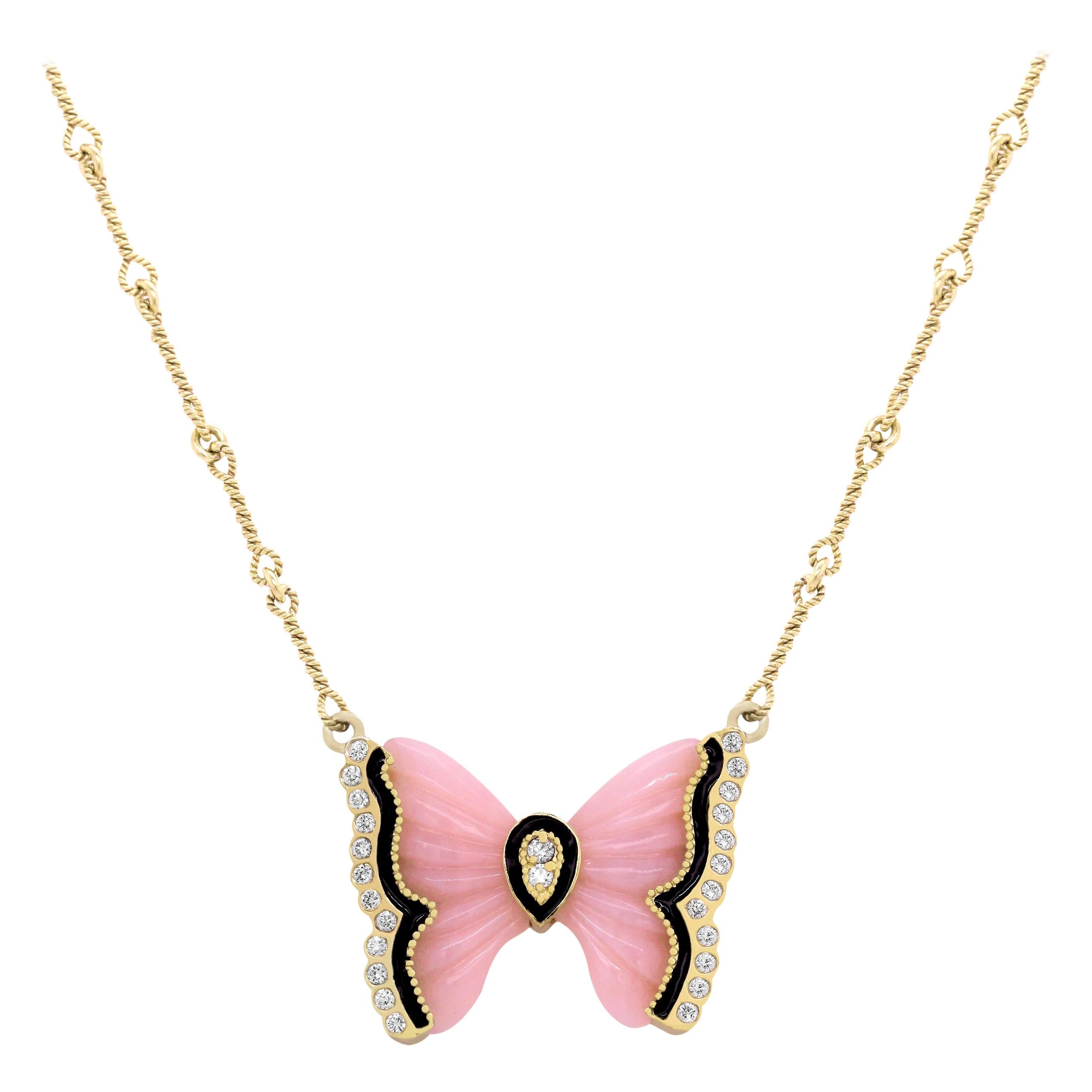Pink Opal Gold and Diamond Butterfly Pendant Necklace Black Enamel Stambolian