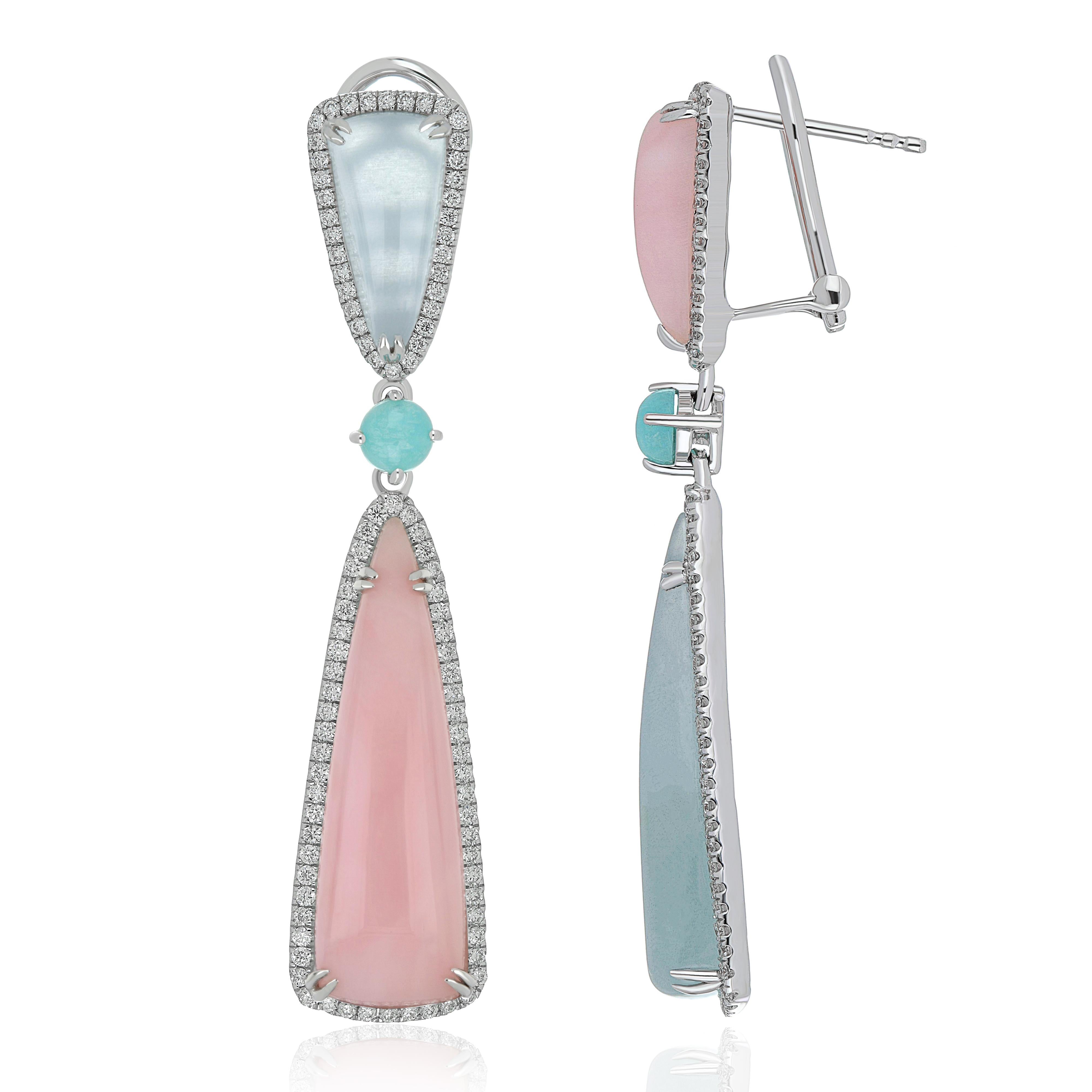 Cabochon Pink Opal, Milky Aqua, Amazonite and Diamond Studded Earrings in 14 Karat Gold For Sale