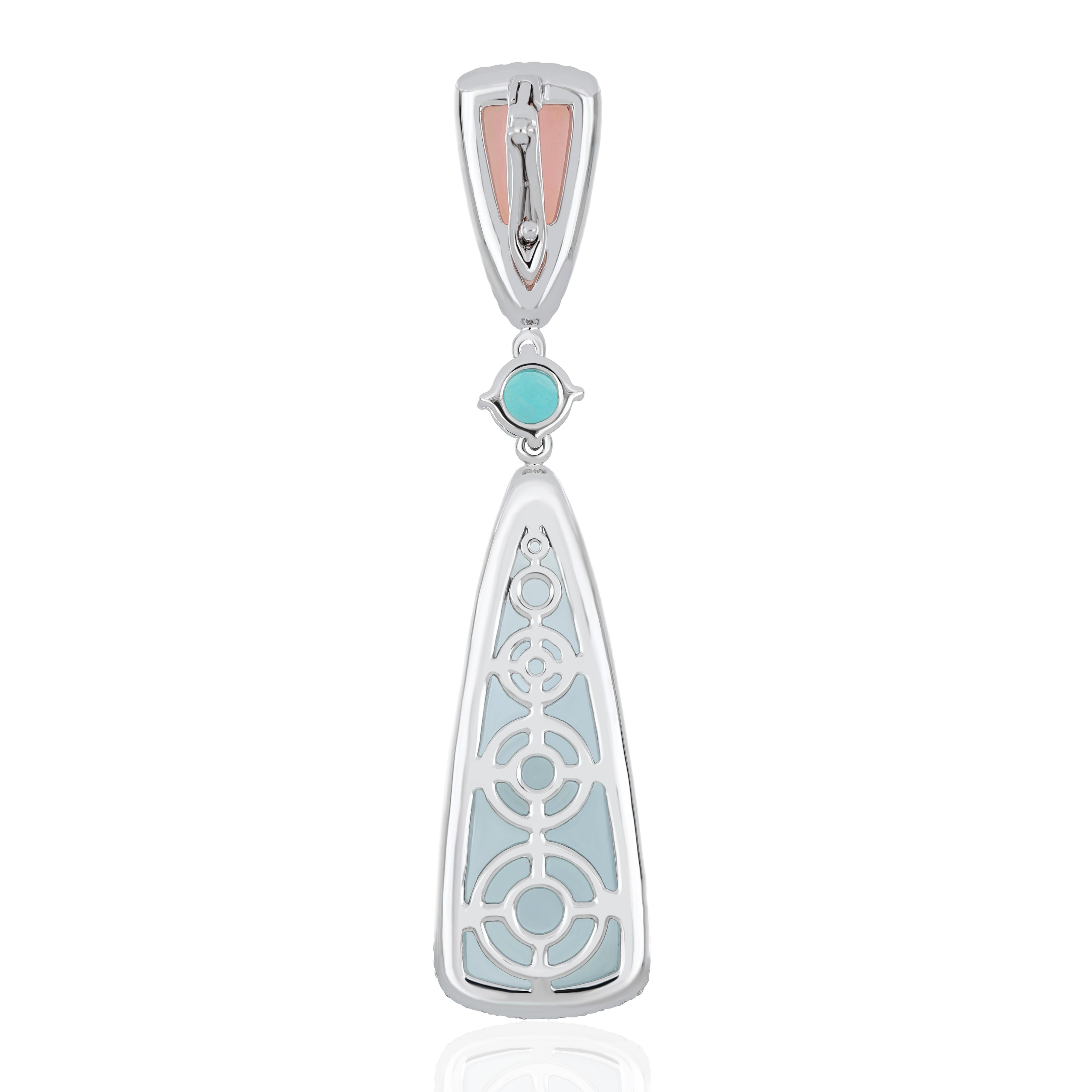 Elegant and exquisitely detailed 14 Karat White Gold Pendant, adorned with Cabochon 9.85 CT Trillion Shape Milky Aquamarine & 1.74 CT Pink Opal enhanced with Round Amazonite  and Diamonds, weighing approx. 0.43 CT  Beautifully Hand crafted in 14