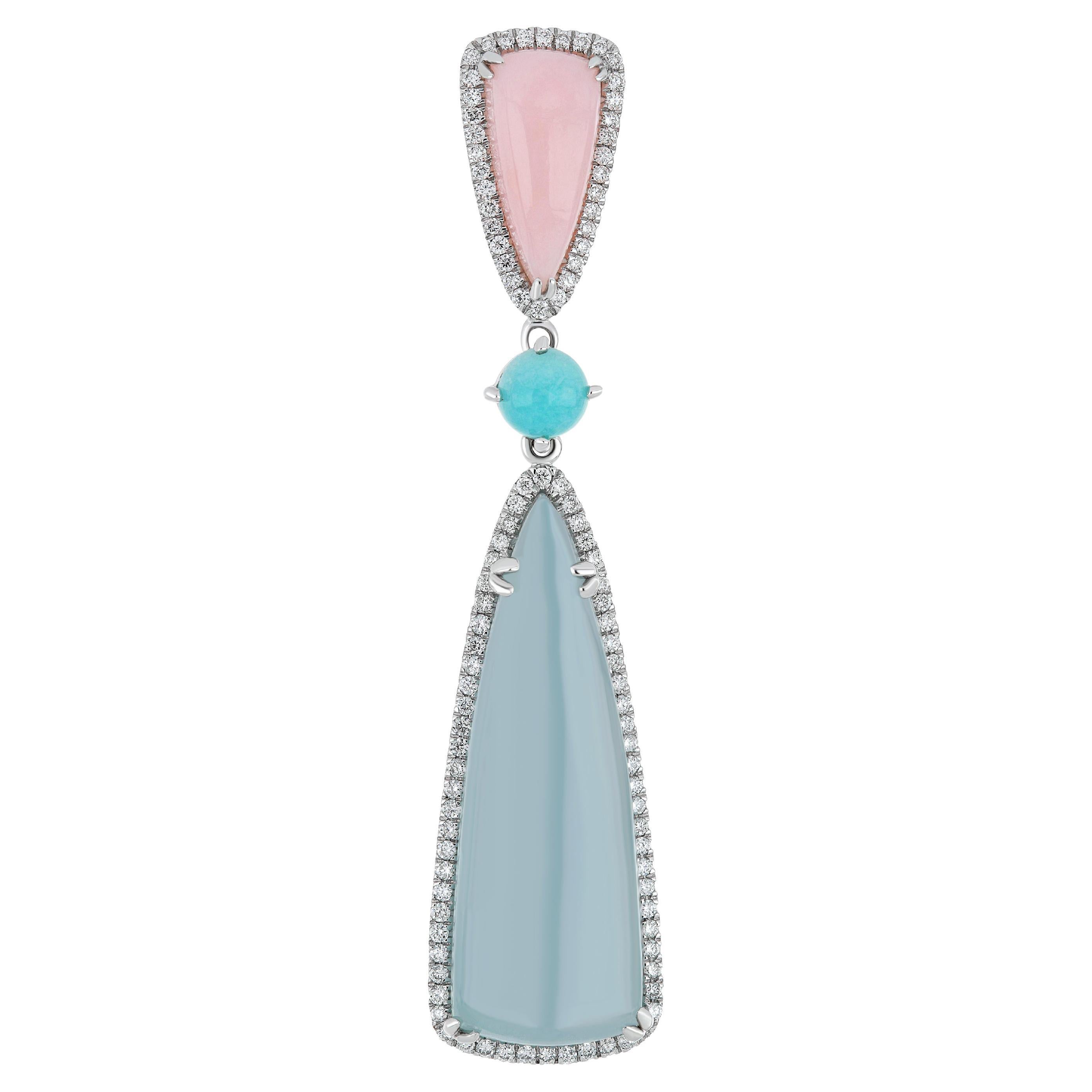 Pink Opal, Milky Aqua, Amazonite and Diamond Studded Pendant in 14 Karat Gold For Sale