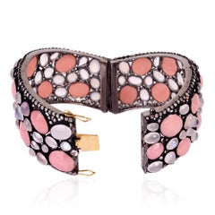 Manschette aus 14 Karat Gold und Silber mit rosa Opal und Mondstein und Pavé-Diamanten