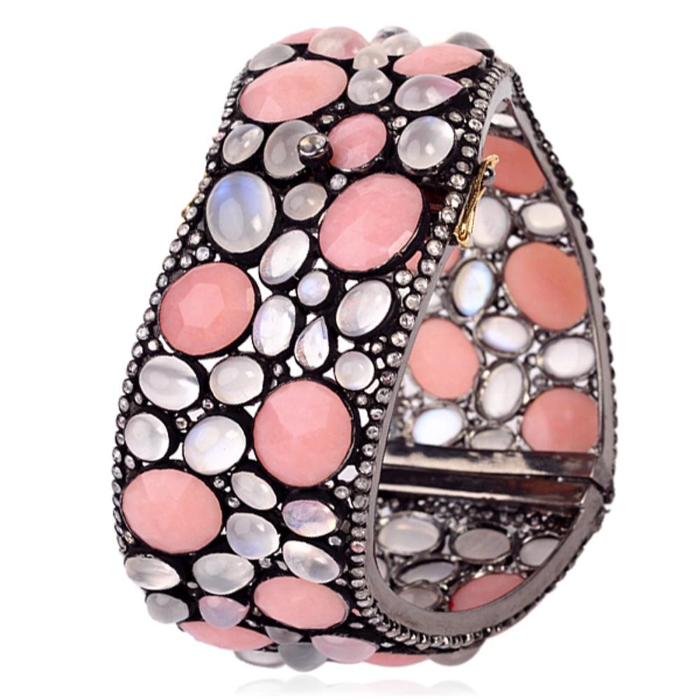 Contemporary Pink Opal & Moonstone Cuff with Pave Diamonds Made in 14k Gold & Silver For Sale