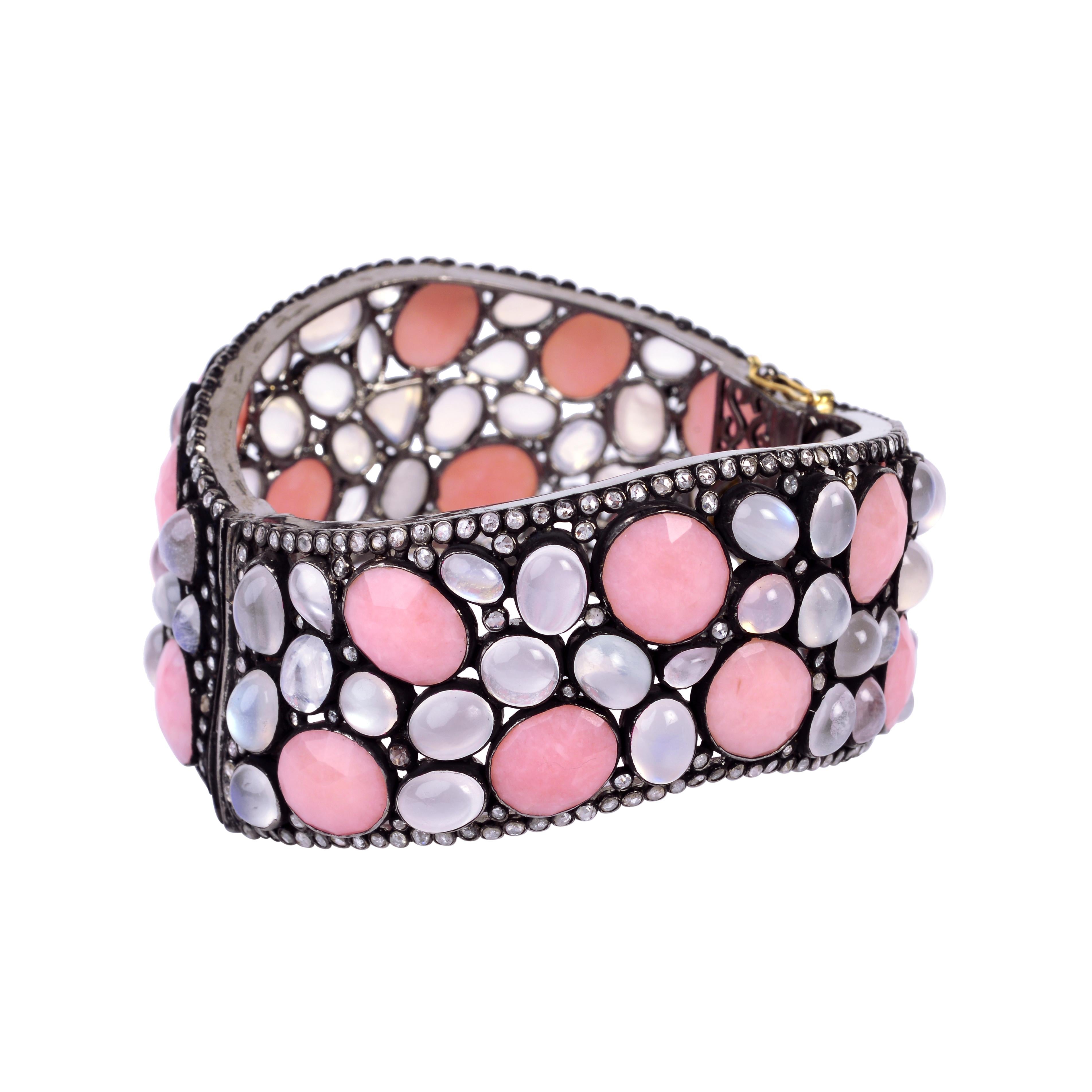Mixed Cut Pink Opal & Moonstone Cuff with Pave Diamonds Made in 14k Gold & Silver For Sale