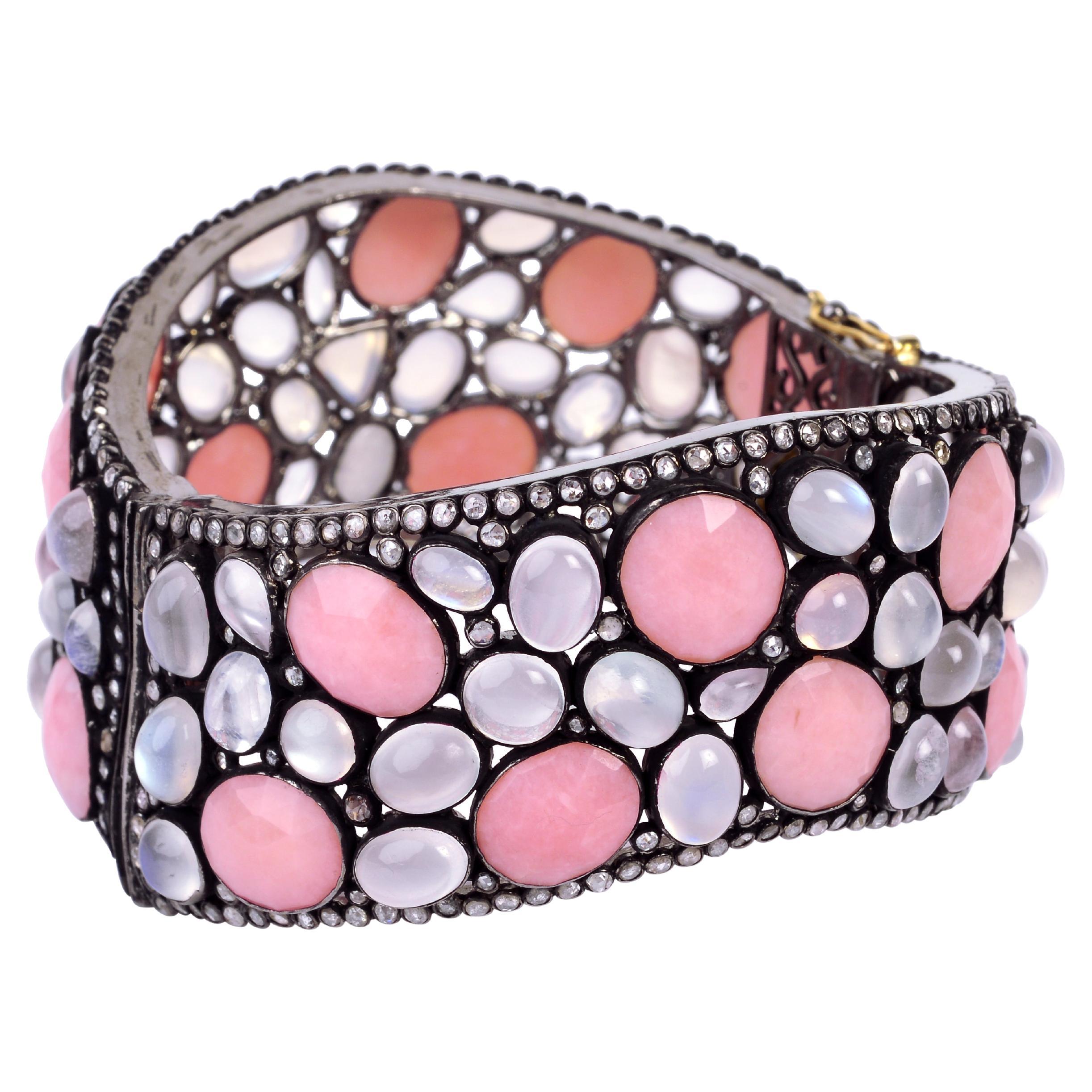 Pink Opal & Moonstone Cuff with Pave Diamonds Made in 14k Gold & Silver For Sale