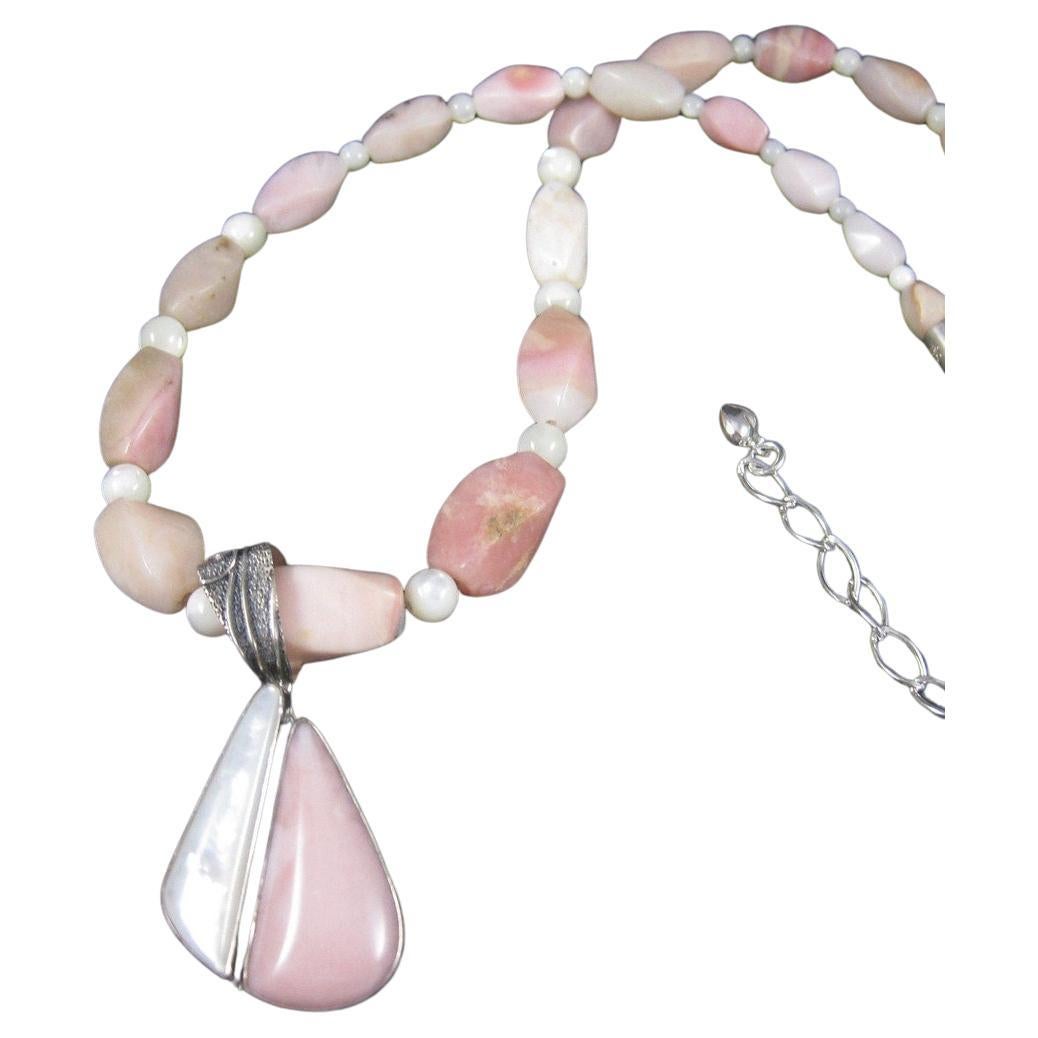 Pink Opal Mother of Pearl Necklace and Pendant Jewelry Set