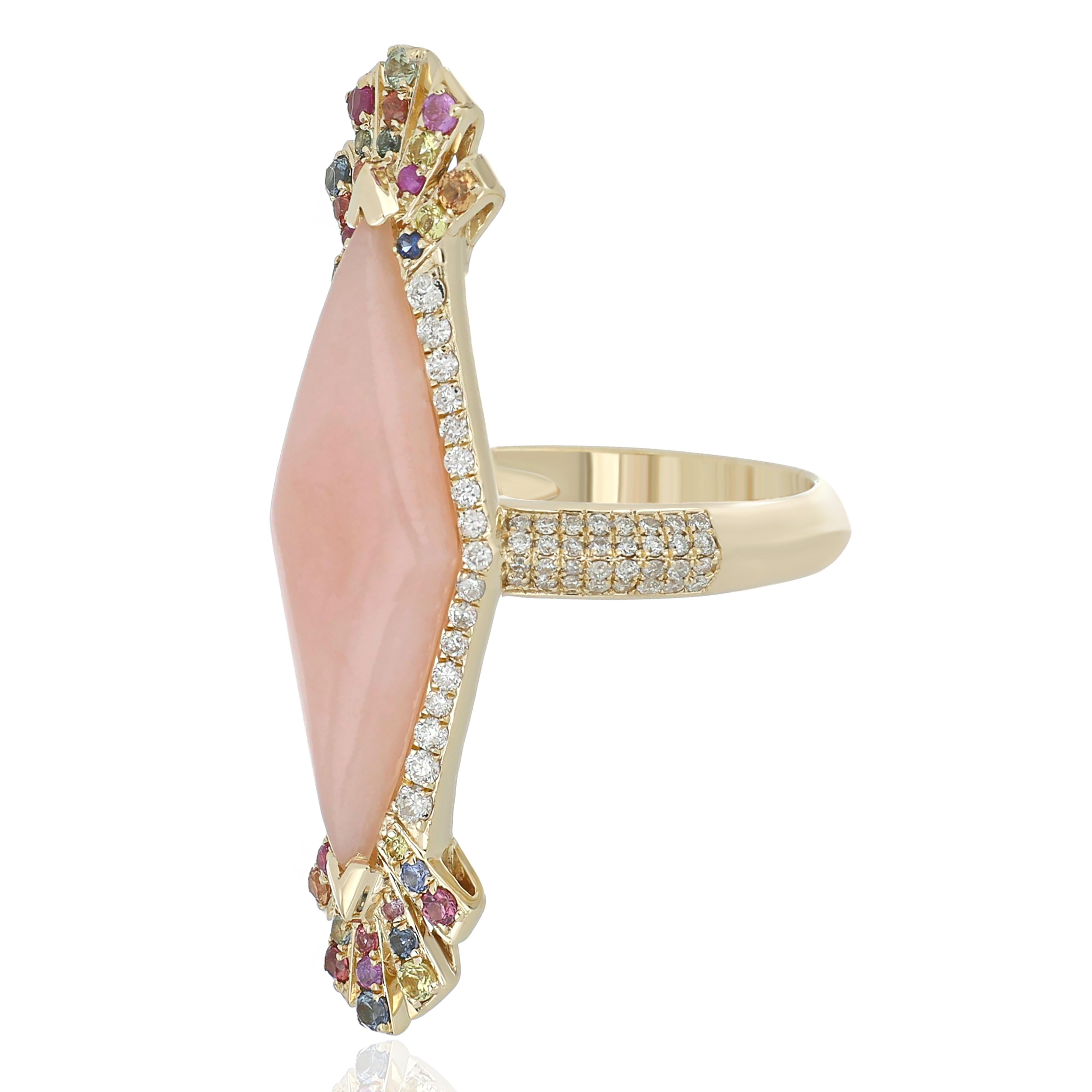 For Sale:  Pink Opal, Multi Color Sapphire and Diamond Studded Ring 14 Karat Yellow Gold 4