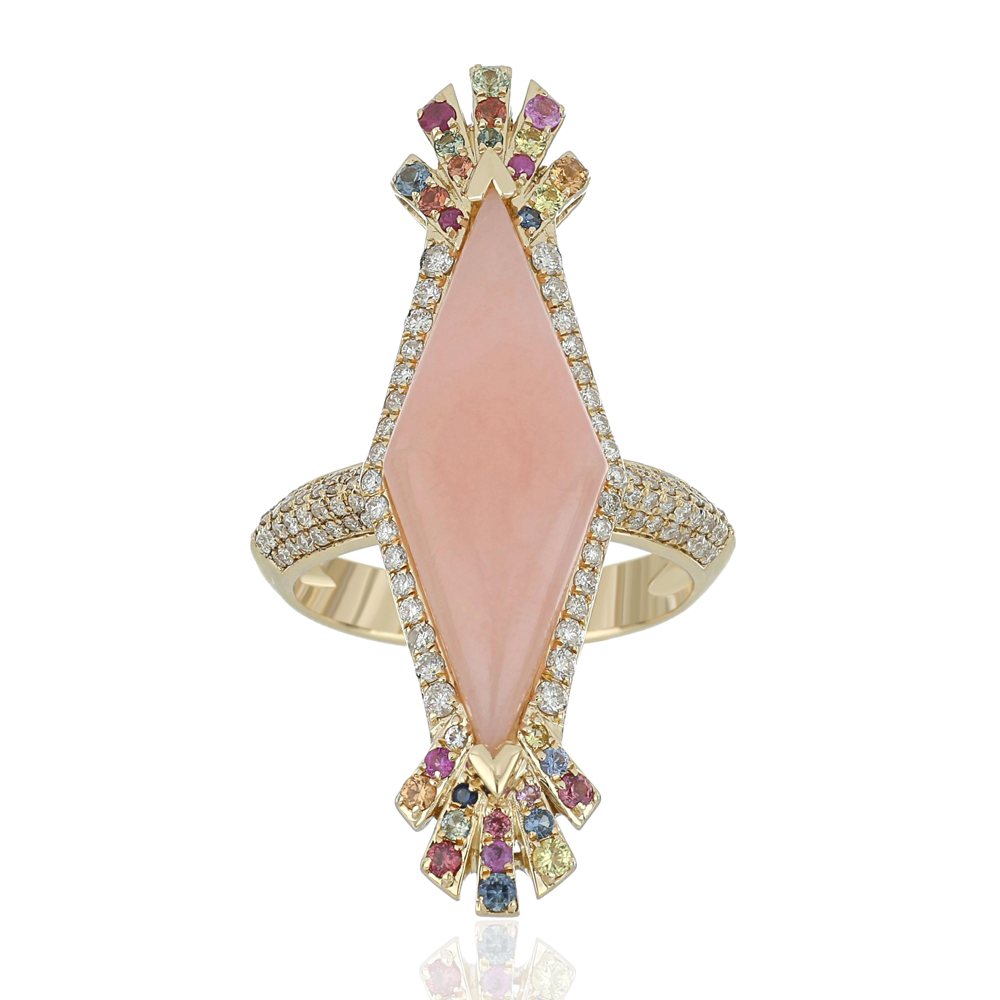For Sale:  Pink Opal, Multi Color Sapphire and Diamond Studded Ring 14 Karat Yellow Gold 2