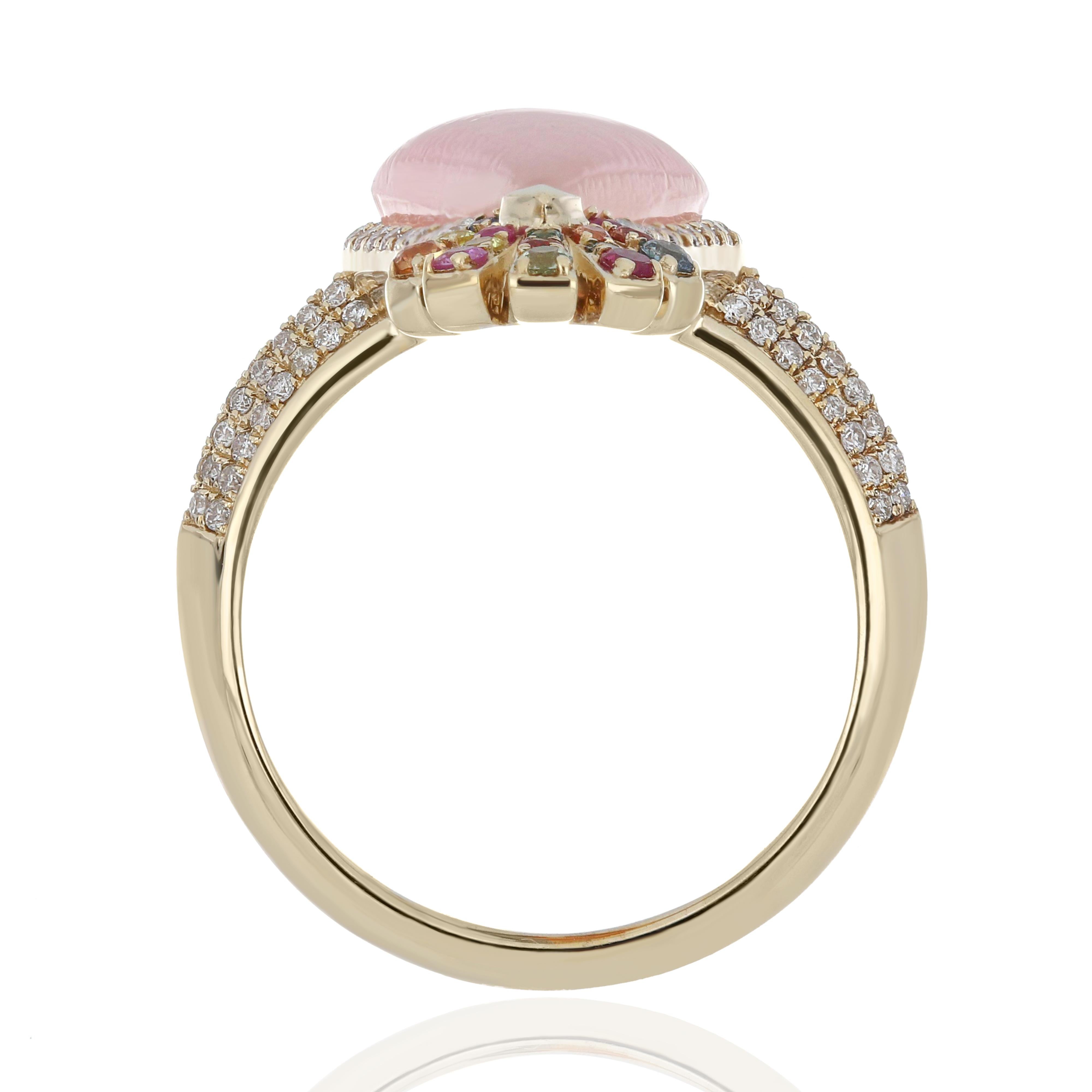 For Sale:  Pink Opal, Multi Color Sapphire and Diamond Studded Ring 14 Karat Yellow Gold 5