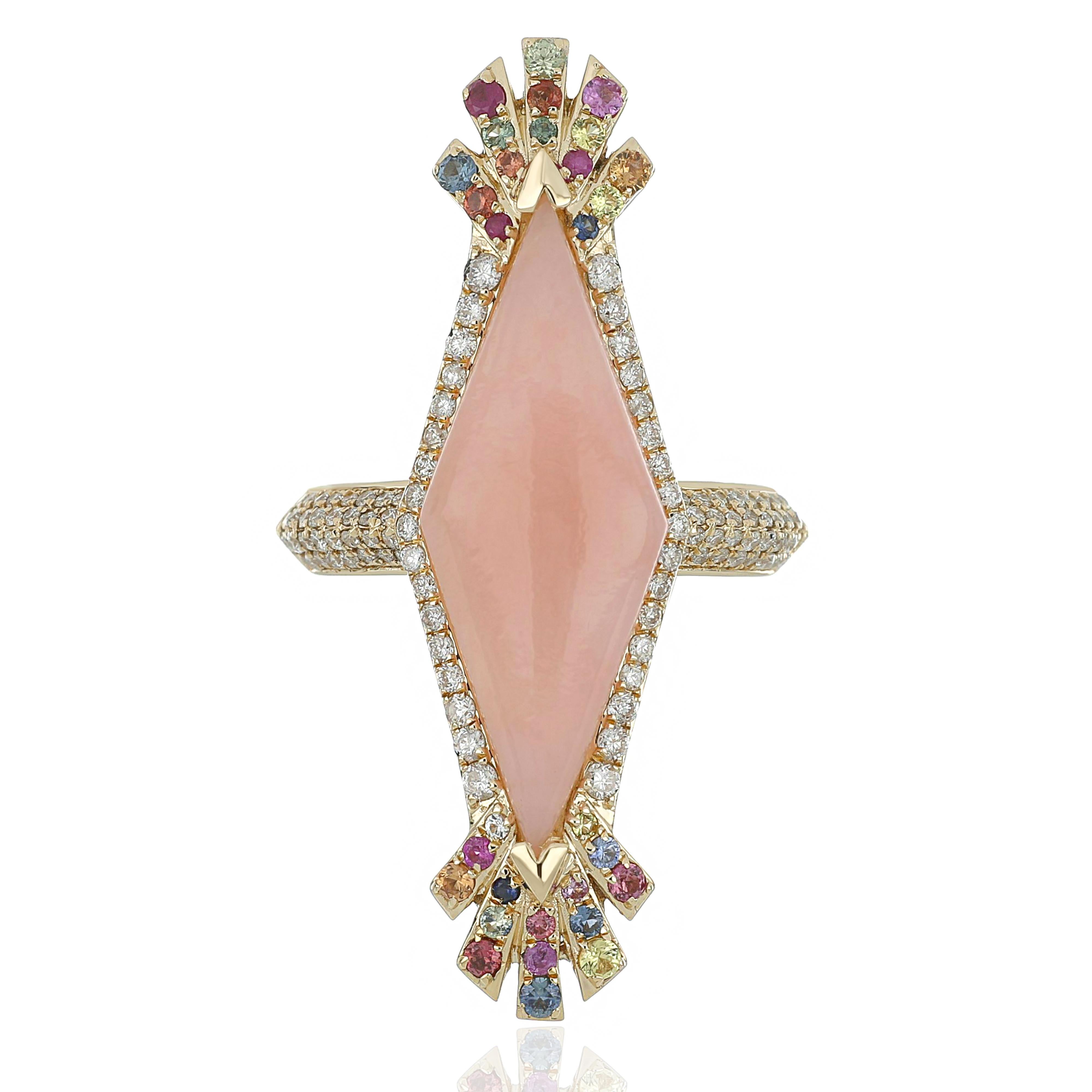 For Sale:  Pink Opal, Multi Color Sapphire and Diamond Studded Ring 14 Karat Yellow Gold 3