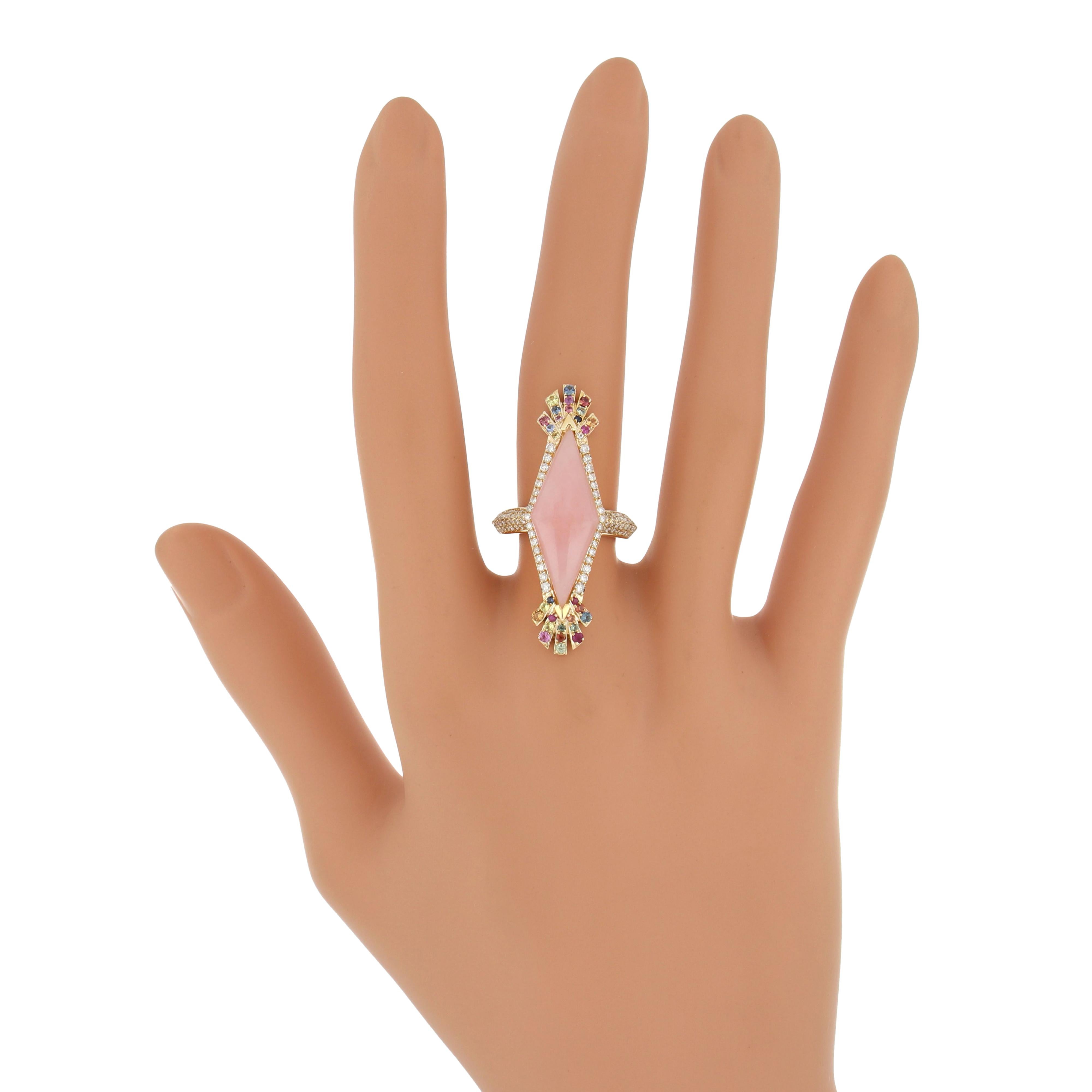For Sale:  Pink Opal, Multi Color Sapphire and Diamond Studded Ring 14 Karat Yellow Gold 7