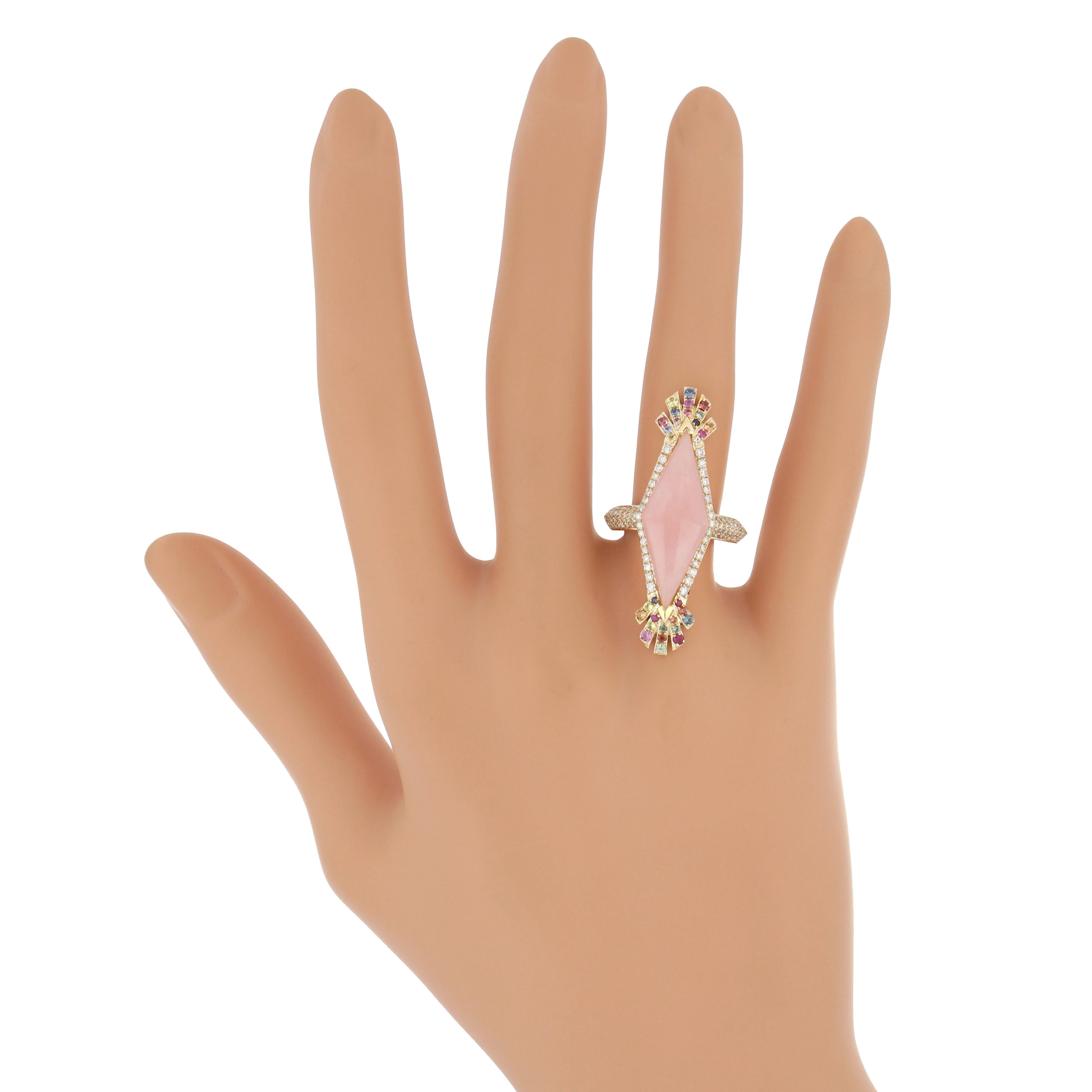 For Sale:  Pink Opal, Multi Color Sapphire and Diamond Studded Ring 14 Karat Yellow Gold 8