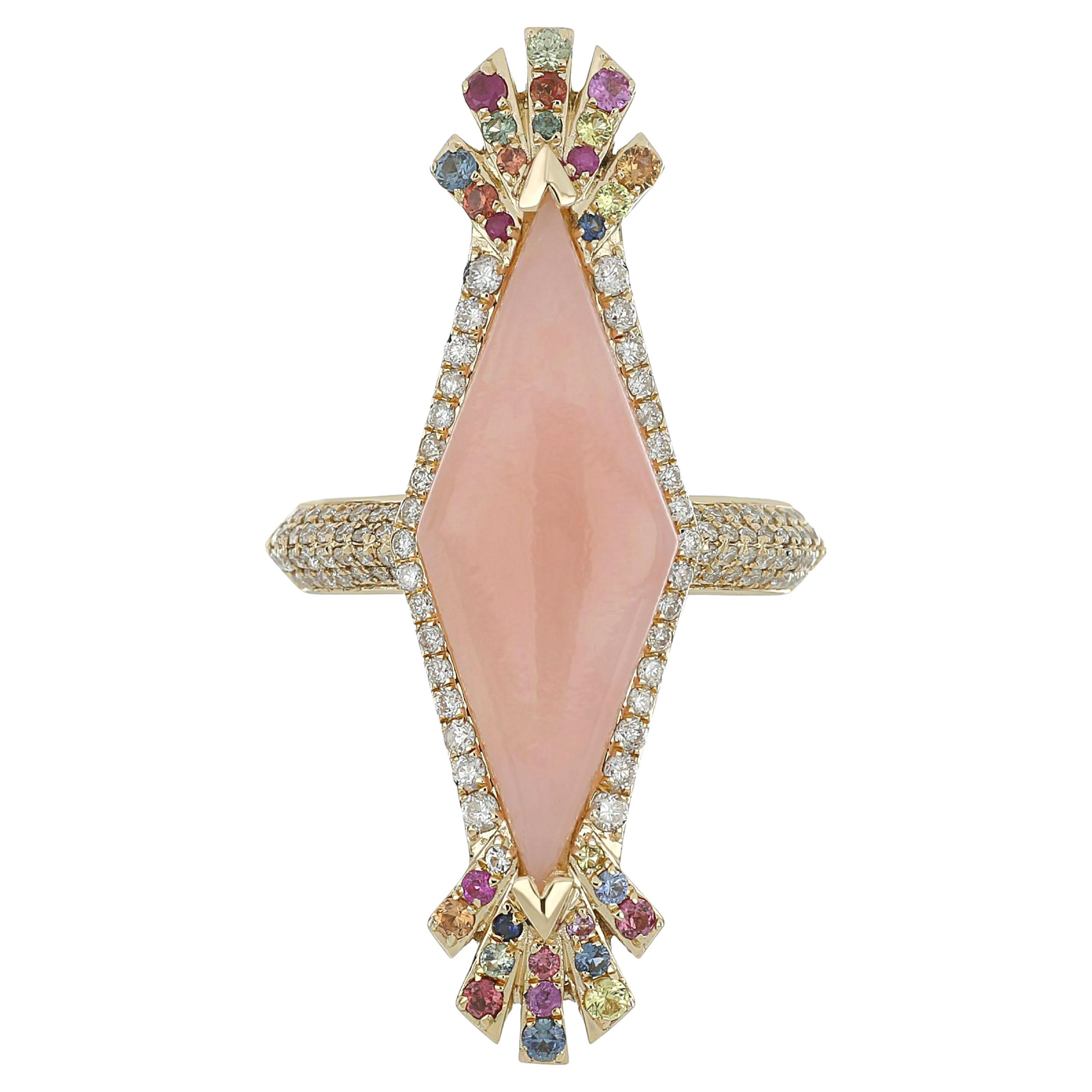 For Sale:  Pink Opal, Multi Color Sapphire and Diamond Studded Ring 14 Karat Yellow Gold
