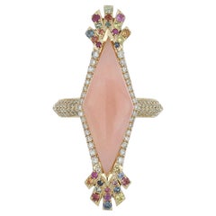 Pink Opal, Multi Color Sapphire and Diamond Studded Ring 14 Karat Yellow Gold