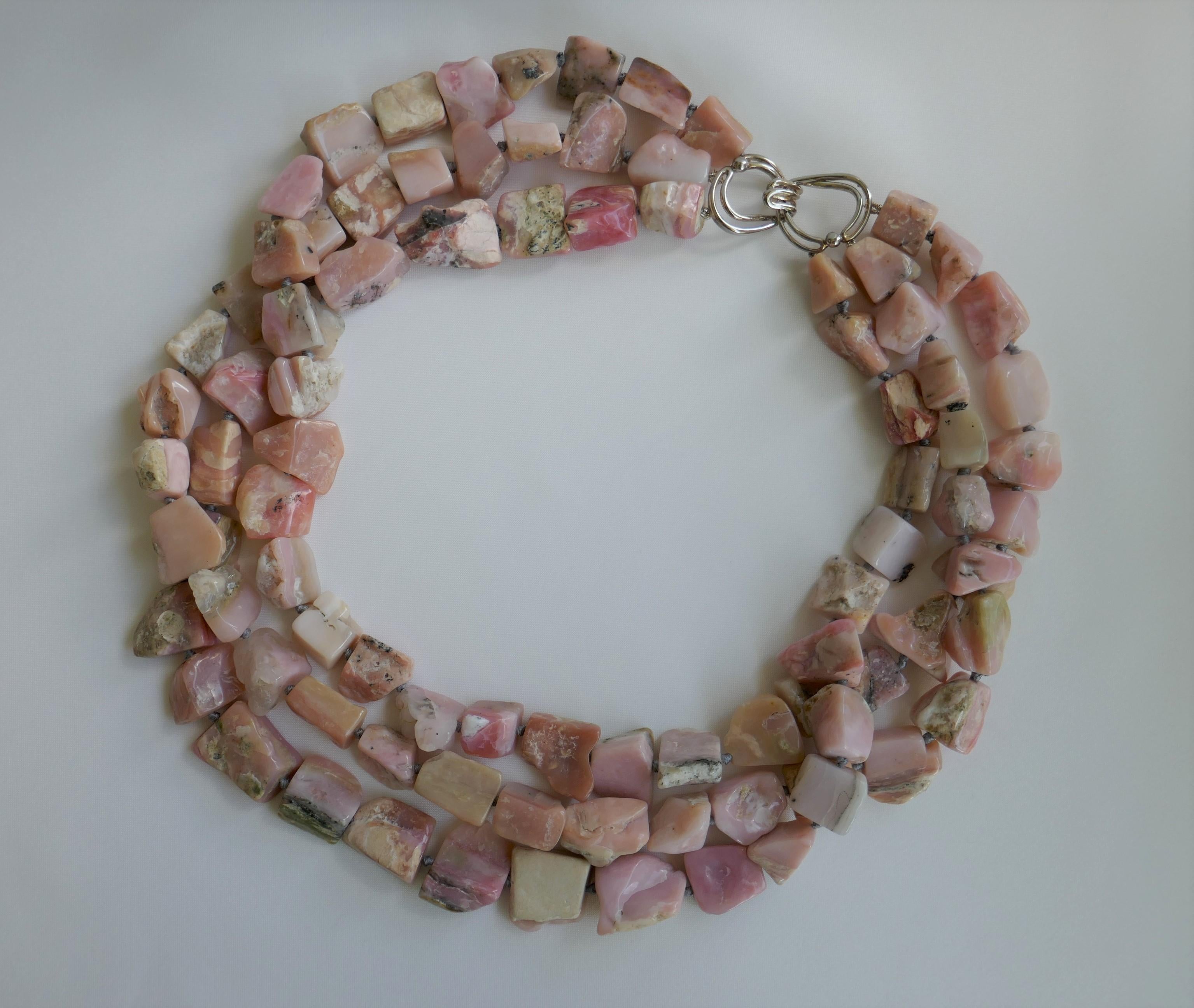Pink Opal Nuggets 925 Sterling Silver Gemstone Necklace In New Condition For Sale In Coral Gables, FL
