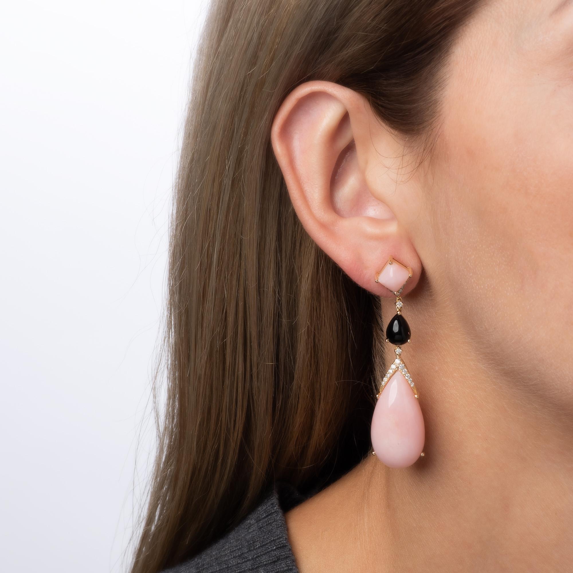 Contemporary Pink Opal Onyx Diamond Earrings Long Drops 14k Yellow Gold Estate Jewelry