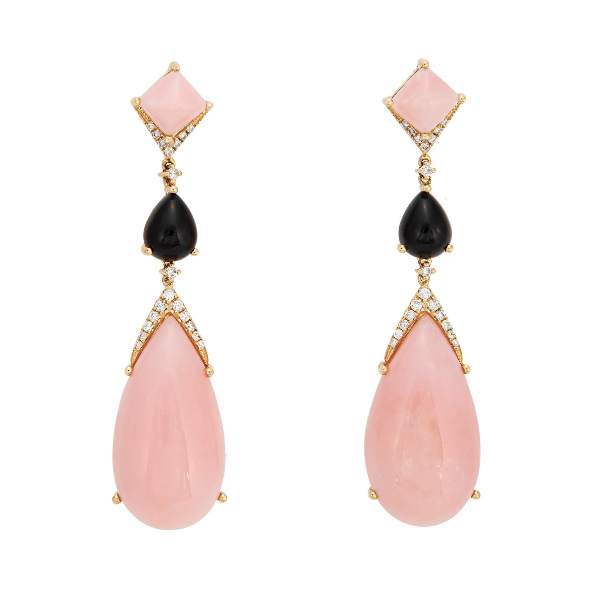 Pear Cut Pink Opal Onyx Diamond Earrings Long Drops 14k Yellow Gold Estate Jewelry For Sale